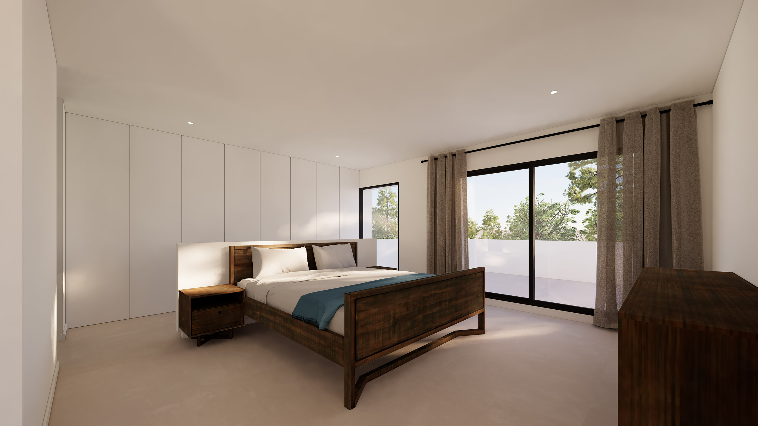 Master bedroom featuring minimalist built-in wardrobes, a dark wood bed frame, and direct terrace access through large sliding glass doors.
