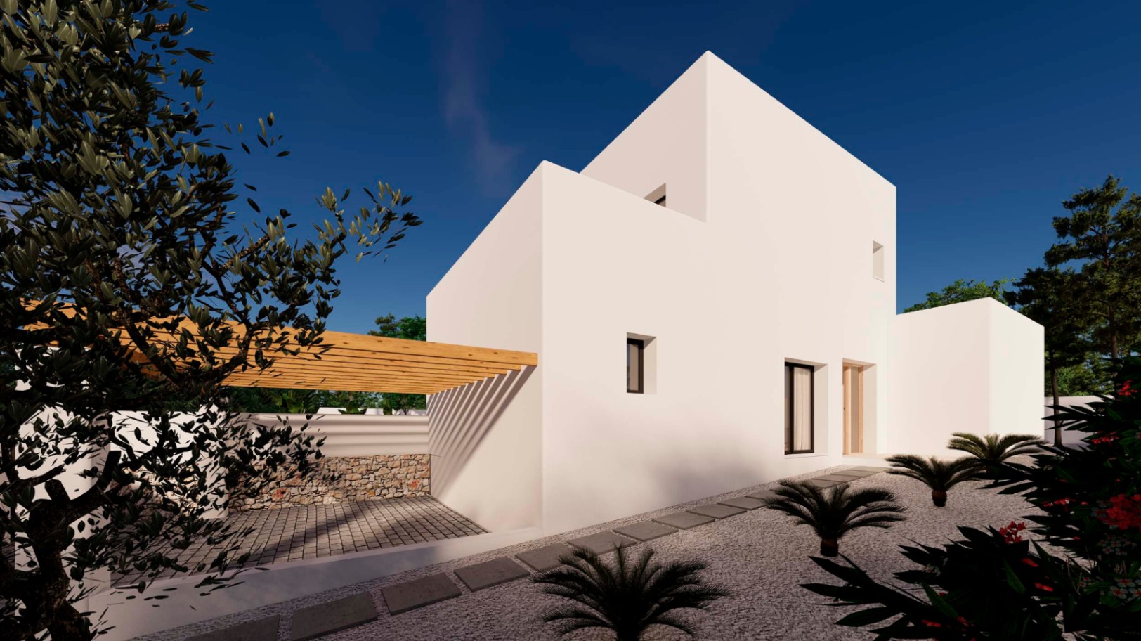 Minimalist white facade featuring a wooden beam pergola, paved driveway area, and a low-maintenance gravel garden with stone accents.
