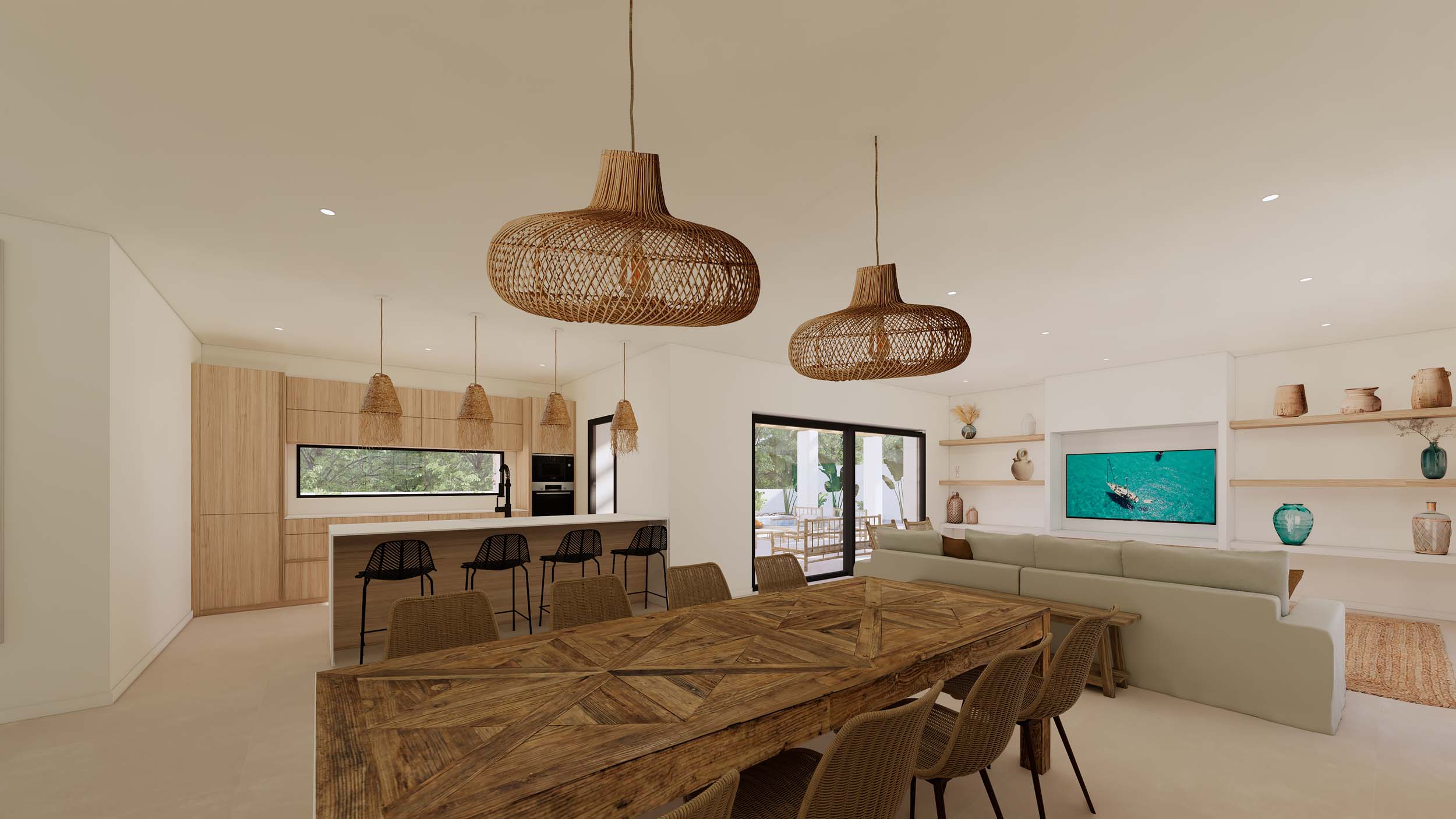 Open-plan living and dining area featuring a rustic wooden table, wicker pendant lamps, and a modern kitchen with island, illuminated by recessed lighting.