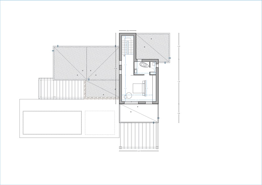 Technical floor plan of the upper level detailing the fourth bedroom with an en-suite bathroom, private terrace access, and the staircase.