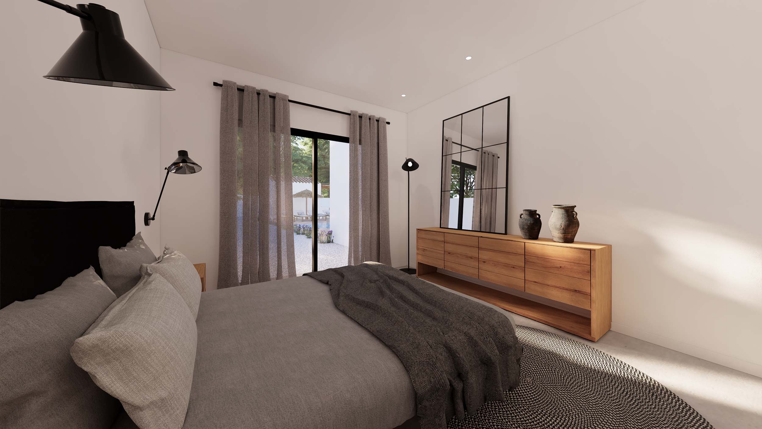 Bedroom featuring a natural wood sideboard, industrial-style mirror, and sliding glass doors offering direct access to the garden area.