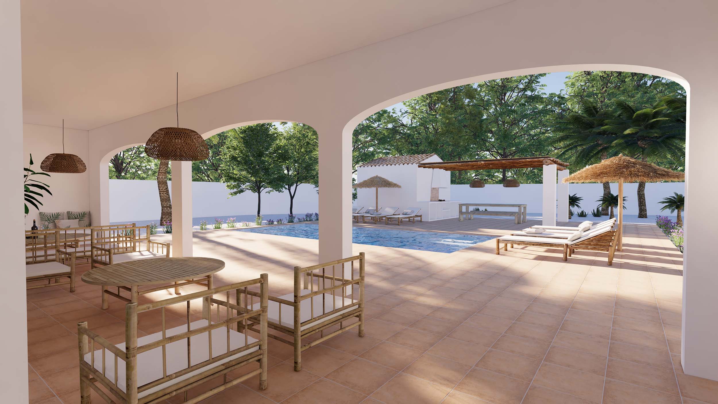 Covered arched porch featuring bamboo furniture and wicker lighting, overlooking a rectangular pool and an outdoor kitchen with a wooden pergola.