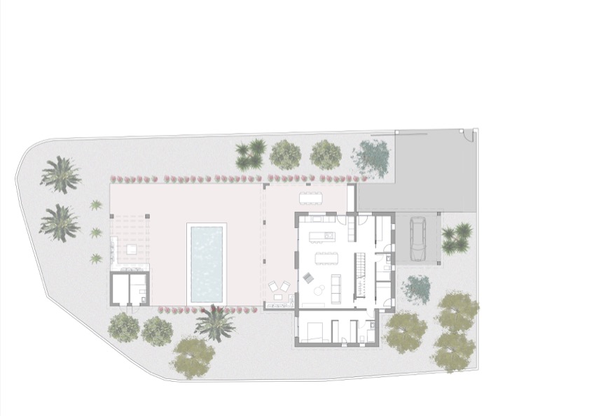 Detailed ground floor site plan illustrating the open-plan living area, integrated kitchen, private pool terrace, and landscaped garden layout.