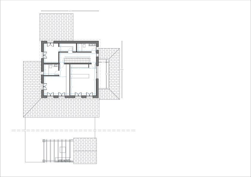 Detailed technical floor plan illustrating the interior layout with precise measurements, central staircase, and surrounding terrace areas.