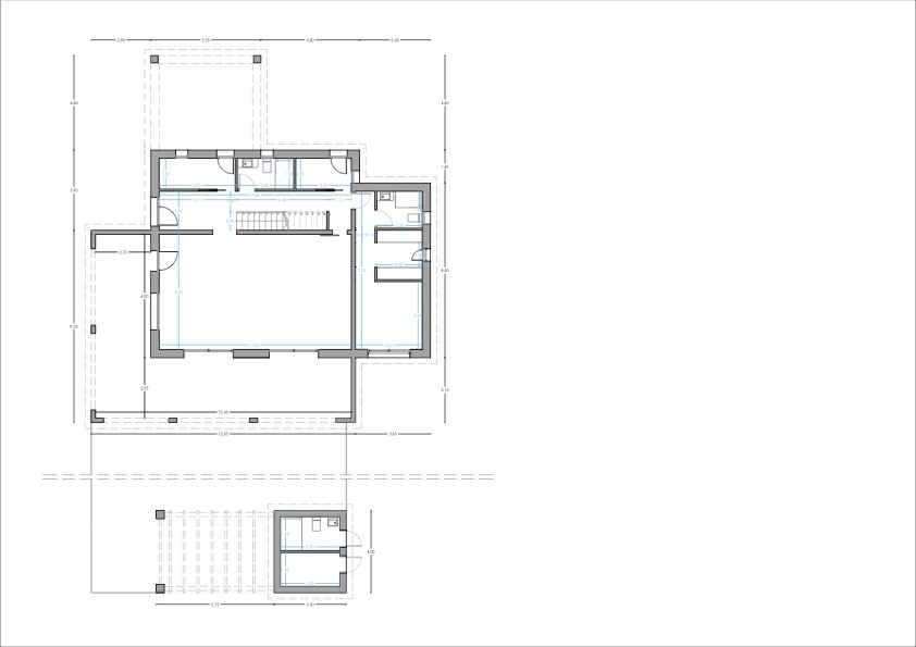 Detailed technical floor plan illustrating the lower level layout, featuring the wine cellar, garage access, staircase, and the outdoor area with a pergola.