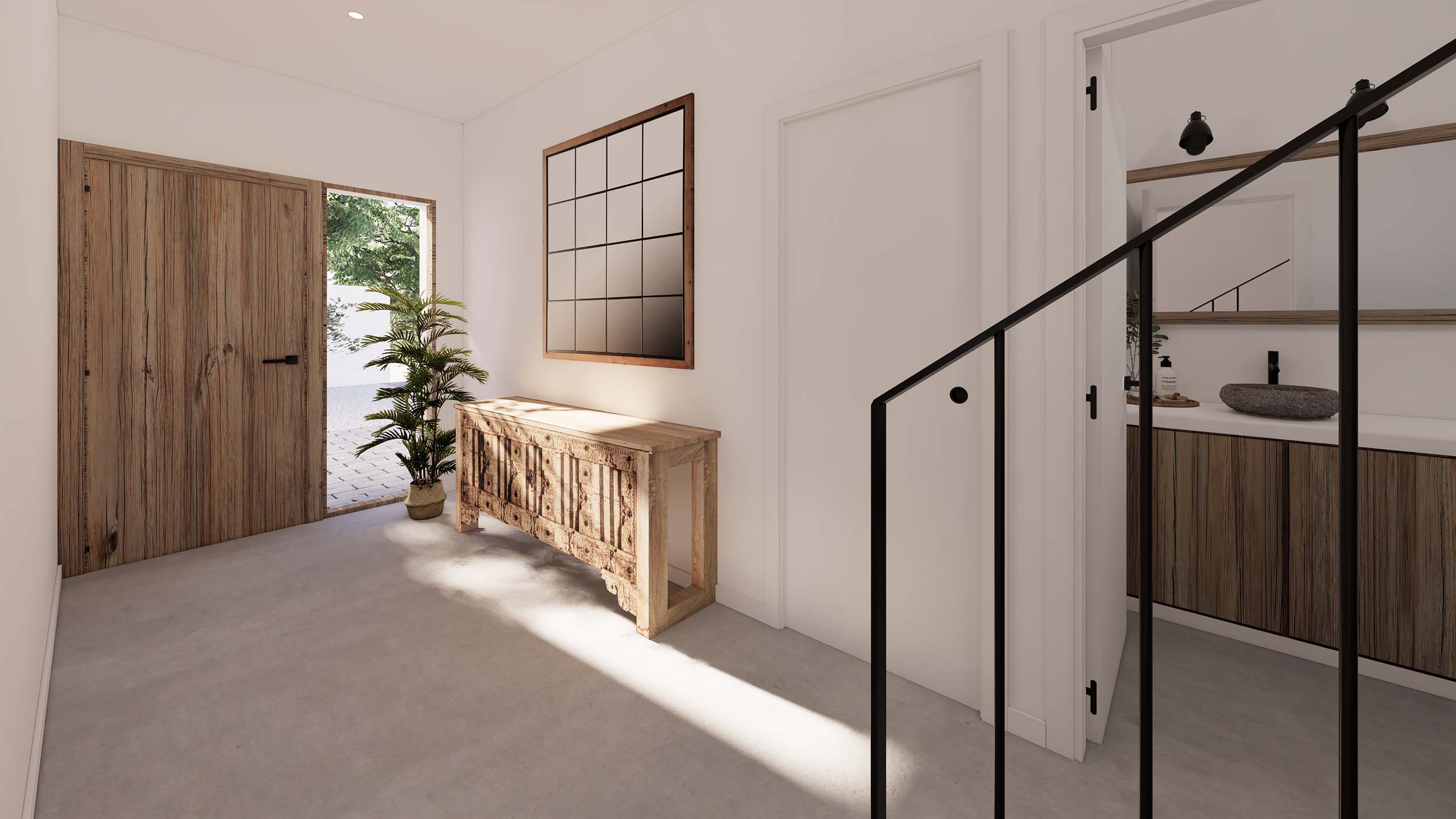 Entrance hall featuring a natural wood door, carved console, and microcement floors. Includes a view into a bathroom with a stone vessel sink and black accents.