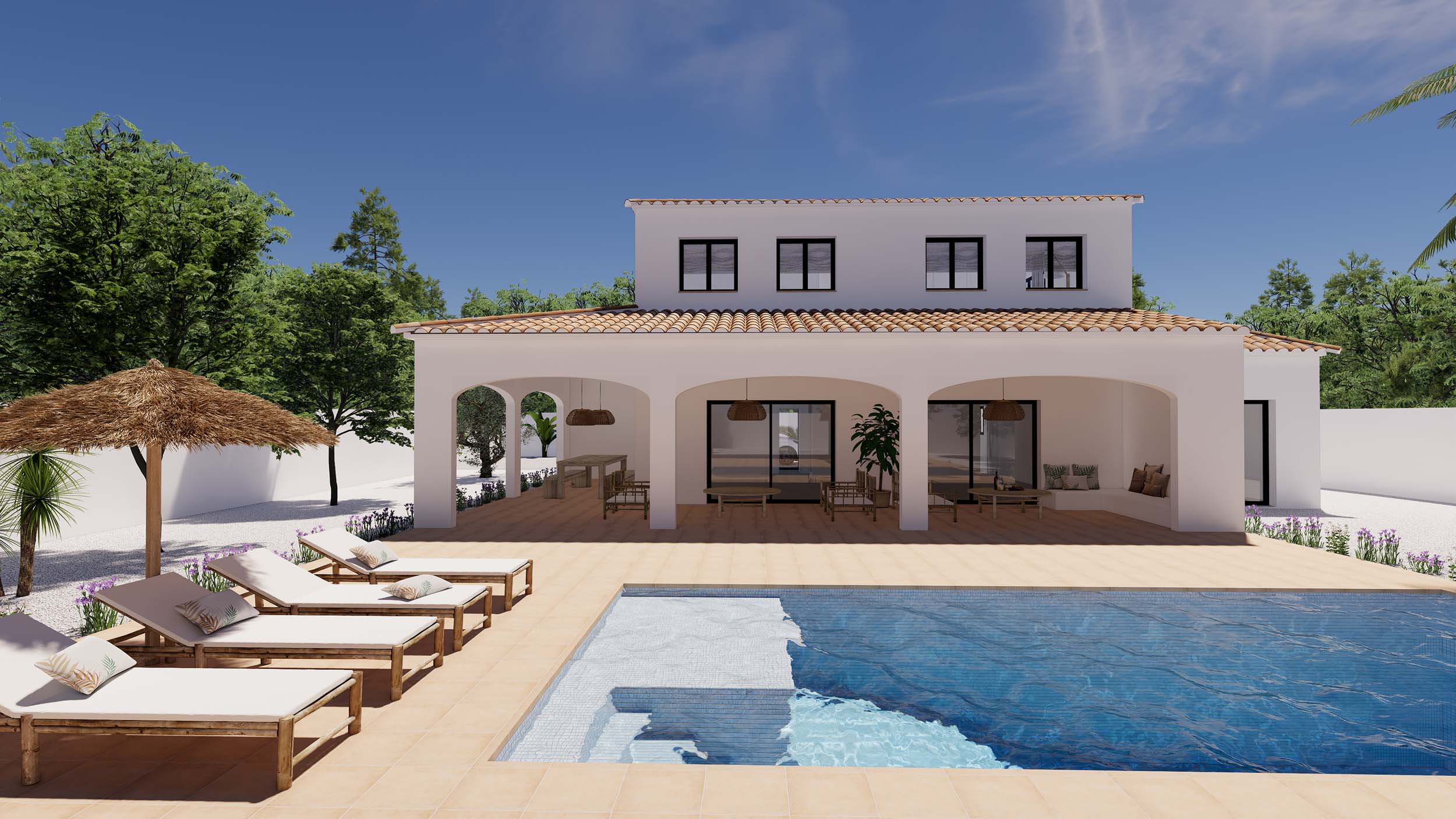 Exterior view featuring a mosaic tile pool, wooden sun loungers, and a spacious arched porch with terracotta flooring and multiple lounge areas.