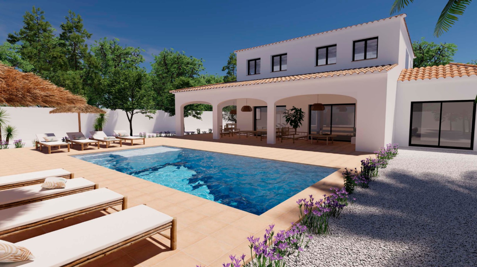 Exterior view featuring a rectangular swimming pool, terracotta sun deck with wooden loungers, and a large arched porch integrated into the white villa facade.