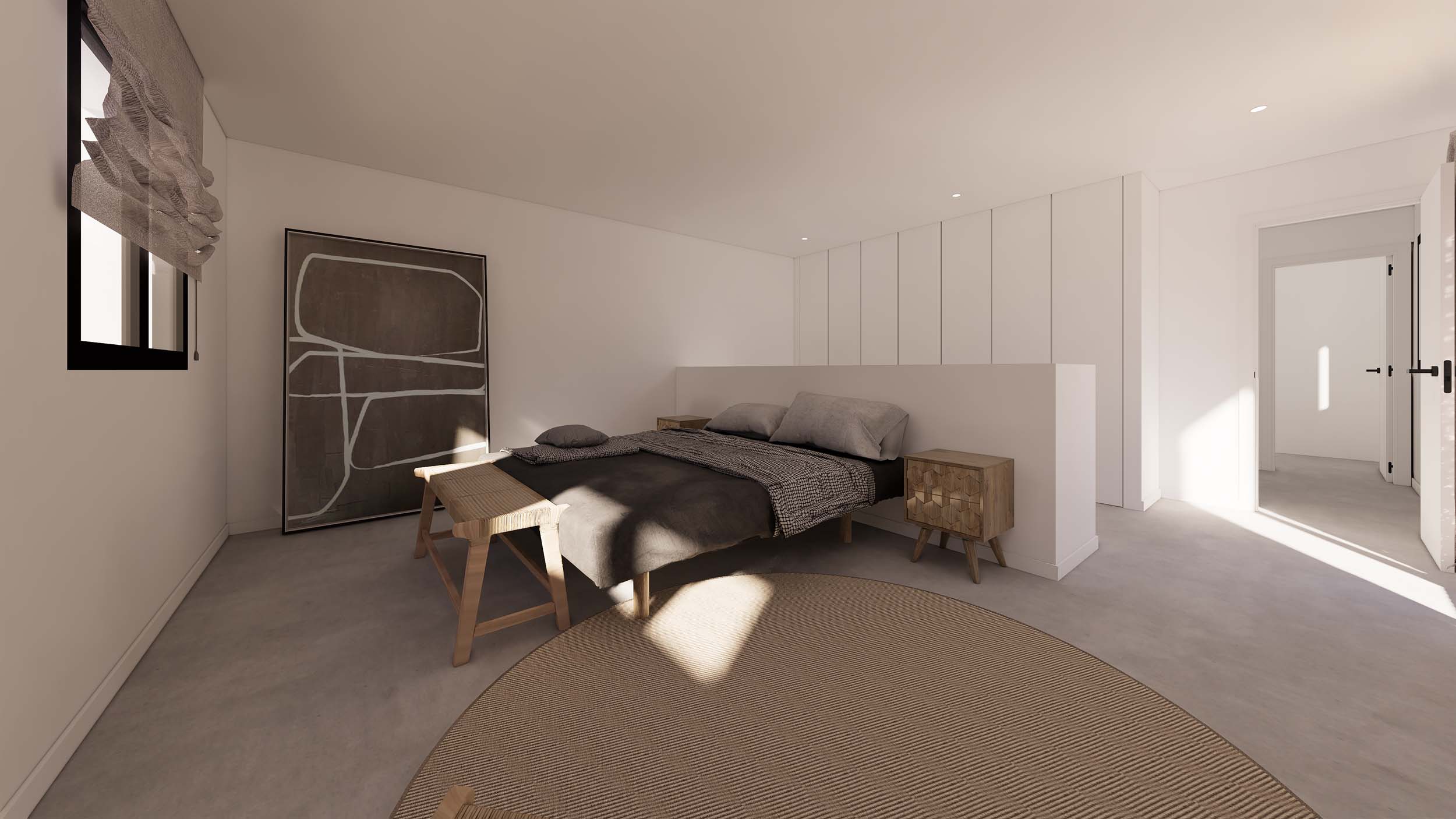 Minimalist bedroom featuring a grey bed, carved wooden nightstands, and seamless white wardrobes. Includes a wooden bench, circular rug, and ample natural light.