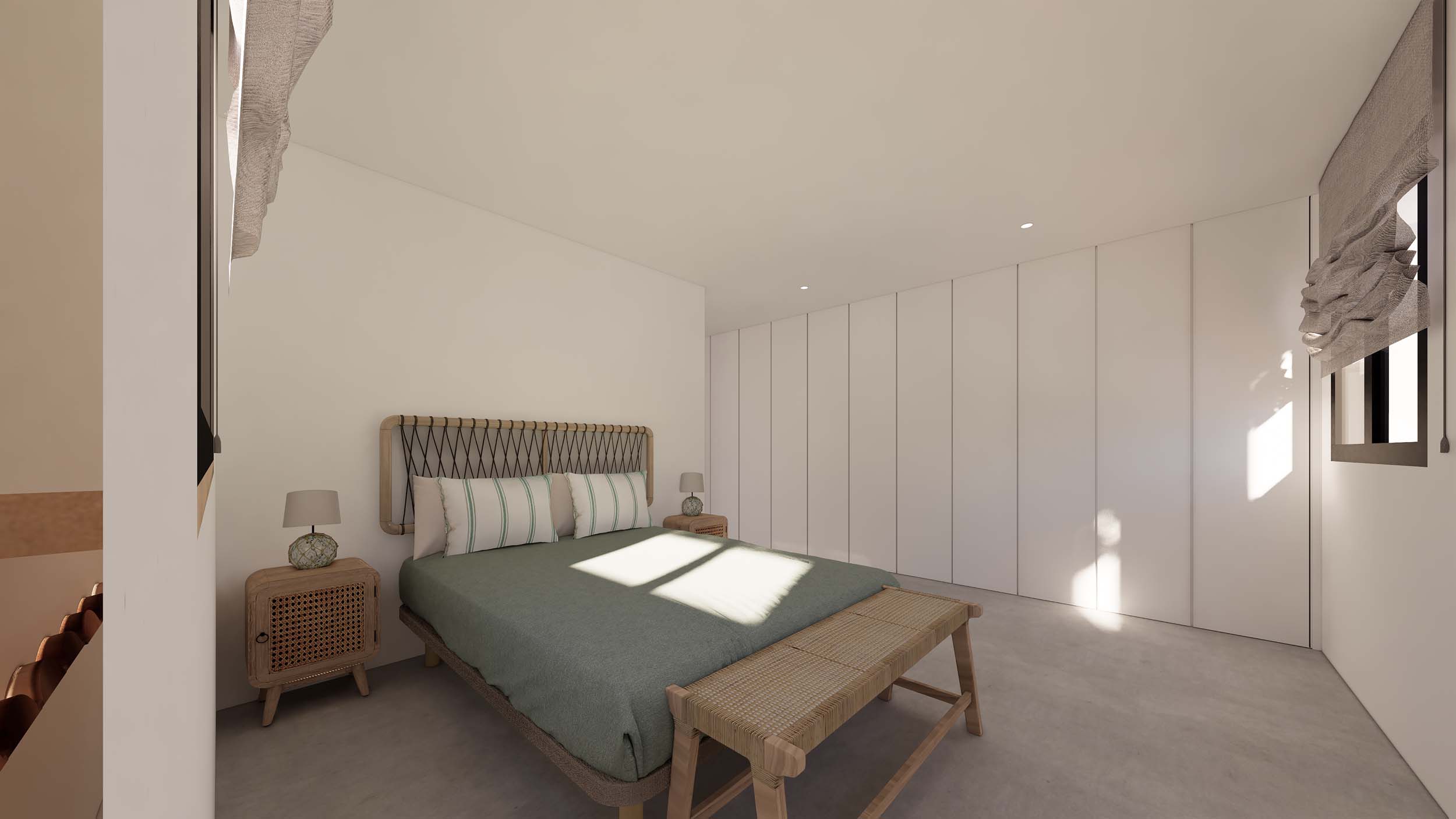 Minimalist bedroom featuring floor-to-ceiling white wardrobes, a woven rope headboard, and natural wood furniture with rattan mesh details.