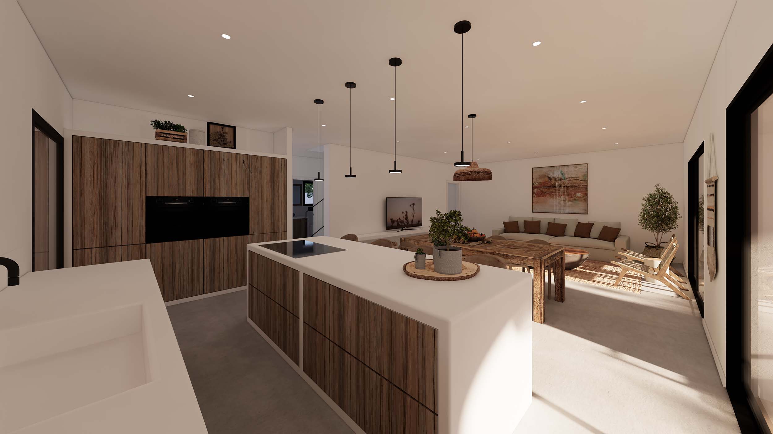 Open-concept kitchen featuring a white island with wood paneling, integrated appliances, and a seamless transition to the living area with rustic wooden accents.