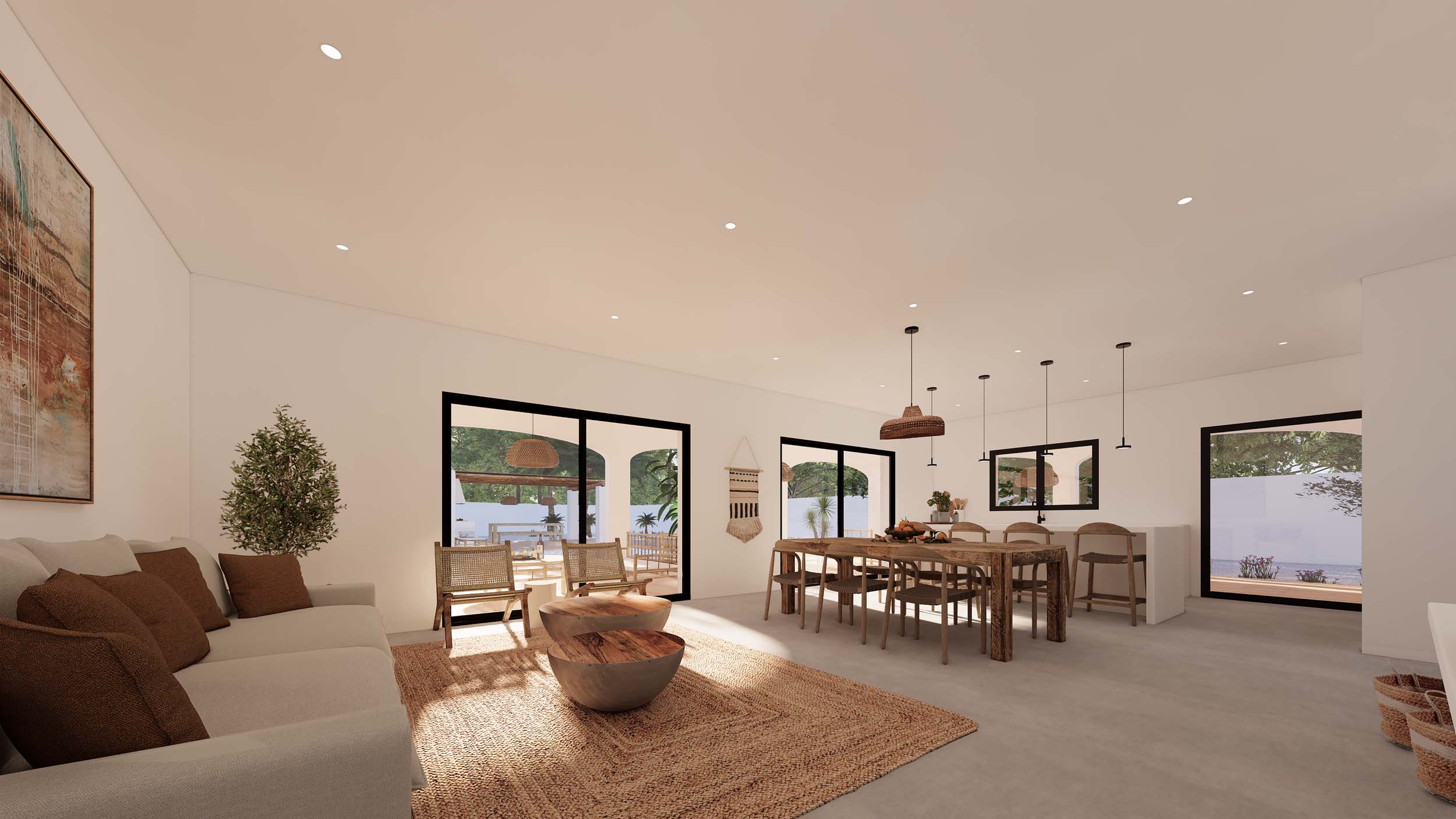 Open-plan living space featuring a rustic wooden dining set, polished concrete floors, and large sliding doors opening to the Mediterranean terrace.