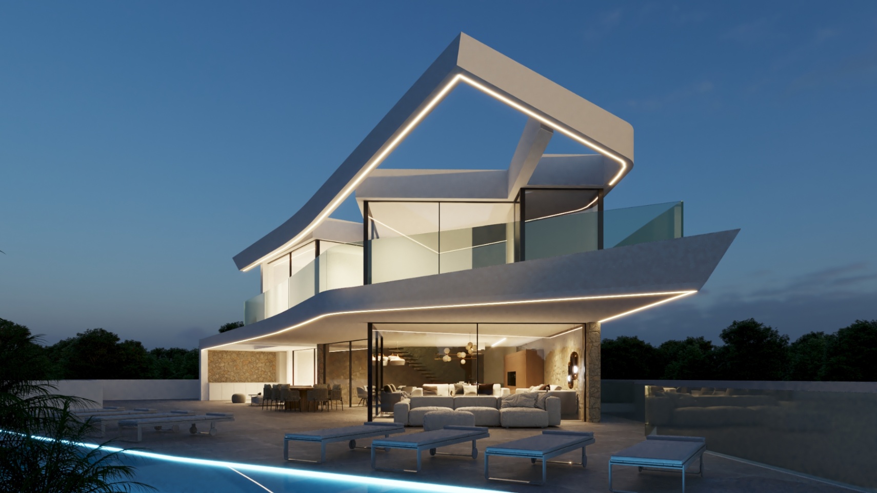 Avant-garde facade illuminated by LED profiles, featuring expansive stone terraces, glass railings, and an outdoor lounge area facing the infinity pool.