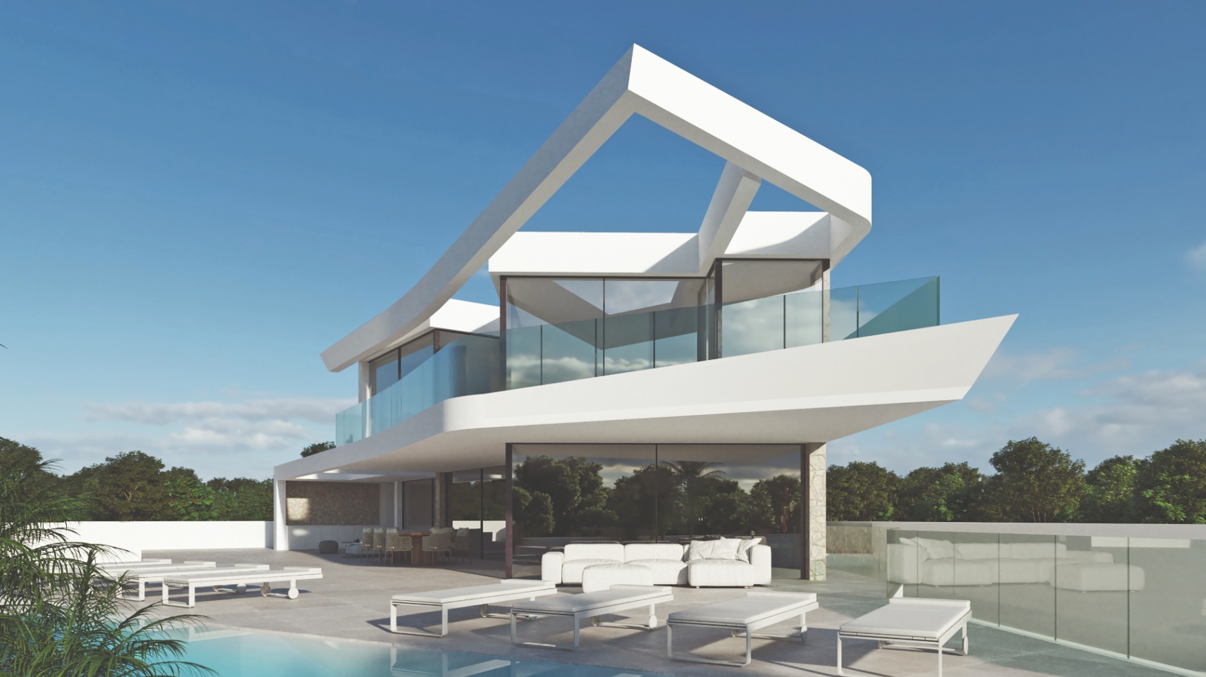 Avant-garde villa exterior featuring geometric white structures, expansive glass walls, and a spacious pool terrace with integrated lounge and dining areas.