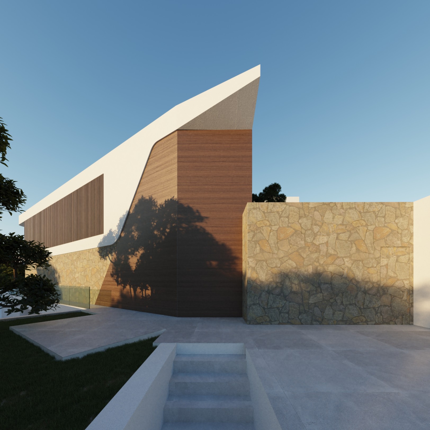 Contemporary facade combining natural stone walls, wood paneling, and sharp white architectural overhangs, defined by geometric lines and natural shadows.