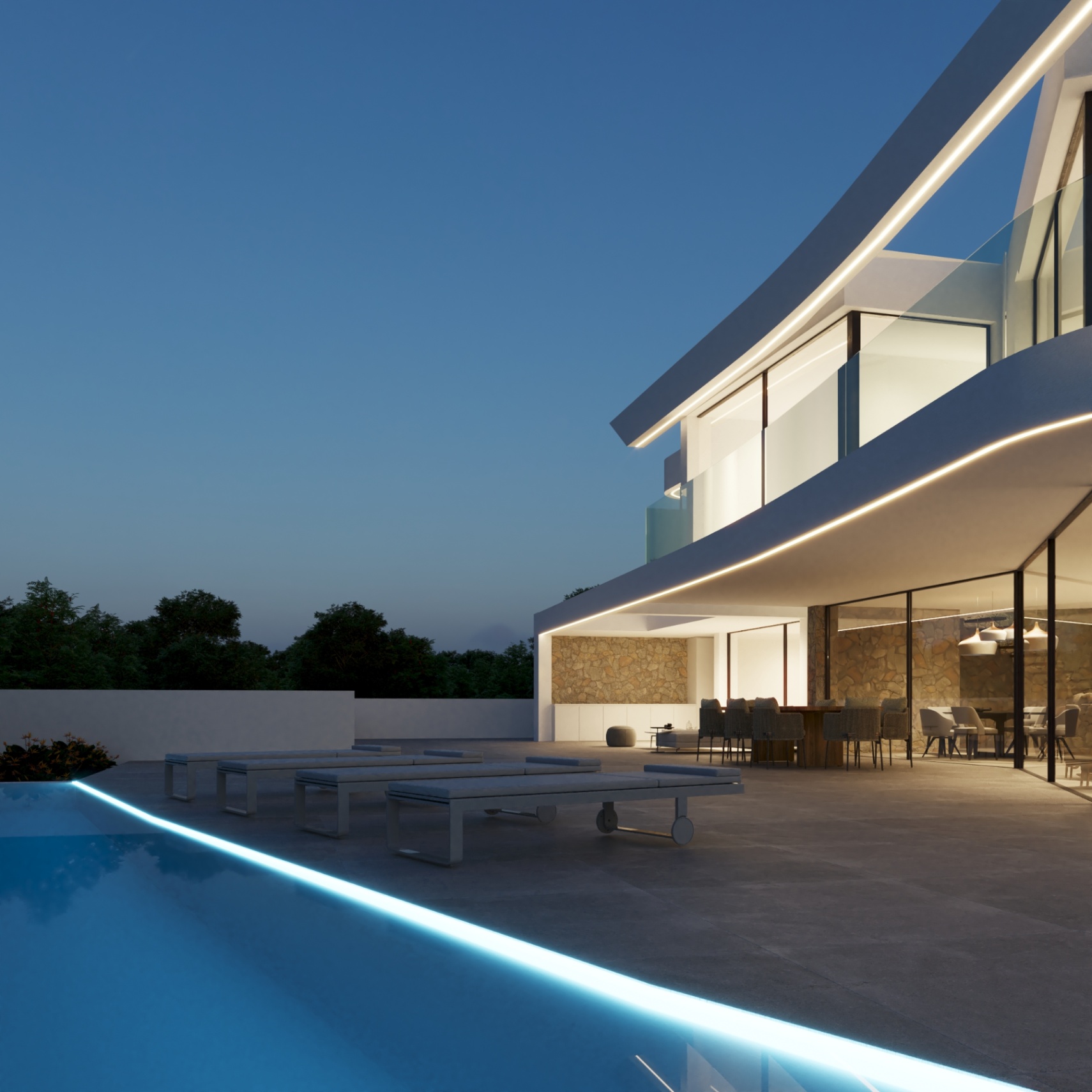 Exterior terrace featuring an LED-lit infinity pool, sun loungers, and an outdoor dining area sheltered by a cantilevered roof with integrated lighting.