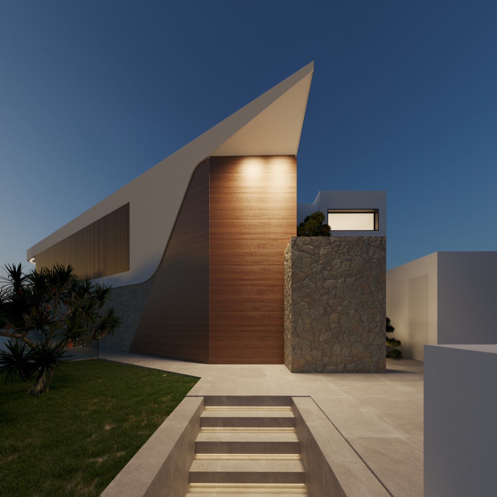 Modern exterior featuring natural stone walls, wood paneling, and LED-lit concrete stairs under a sharp geometric roofline at dusk.