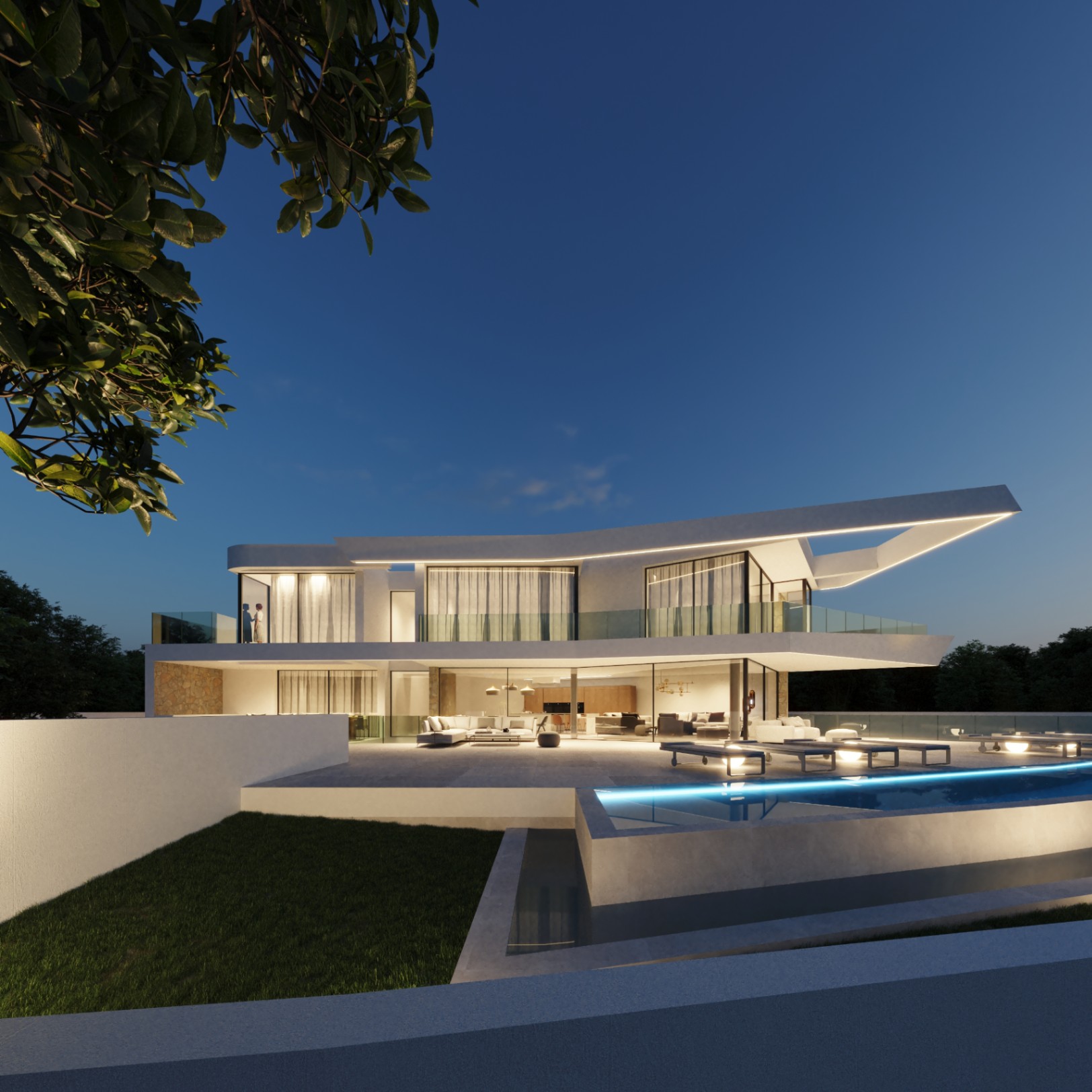Modern facade at dusk featuring linear LED lighting, a backlit infinity pool, and expansive glass surfaces revealing the open-concept interior and terrace.