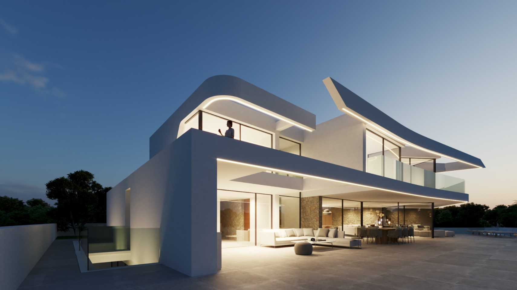 Modern facade featuring curved architectural lines and integrated LED lighting, showcasing a spacious terrace with lounge and dining areas.