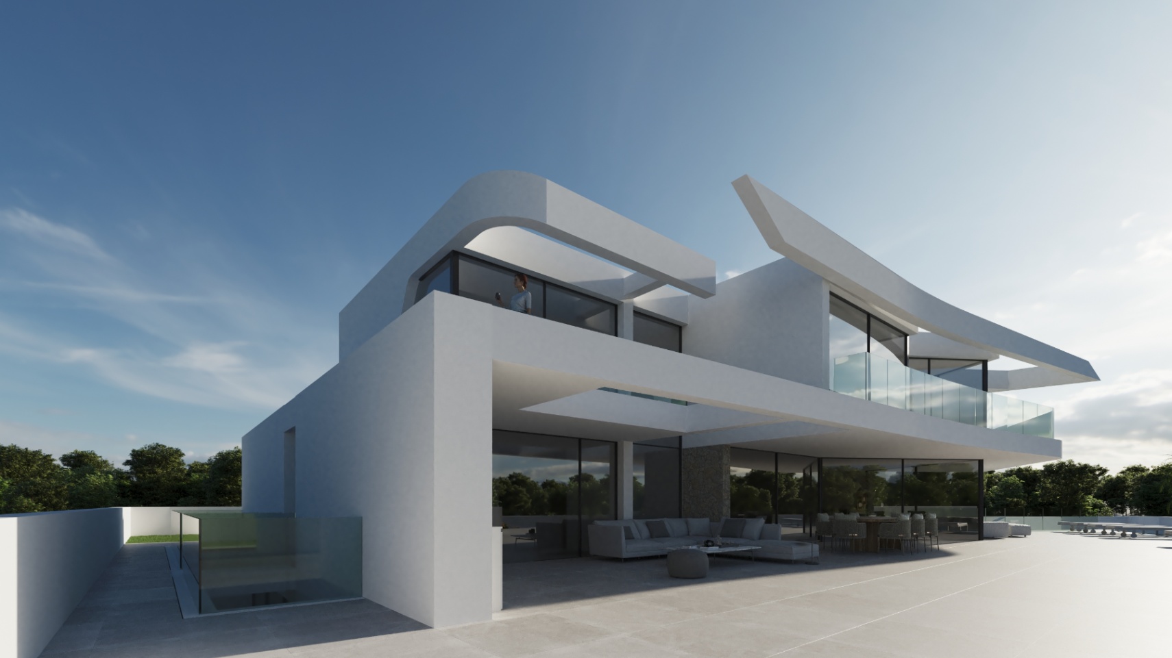 Modern white exterior featuring cantilevered architectural elements, glass balustrades, and a spacious terrace with lounge and dining areas.
