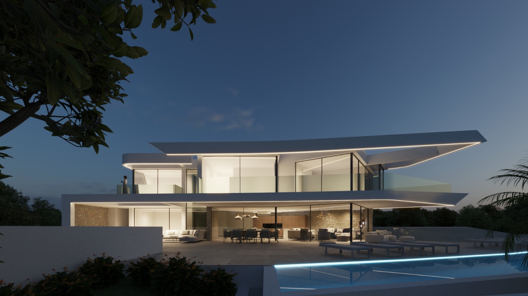 Night view of the avant-garde facade featuring LED-illuminated cantilevers, floor-to-ceiling glass walls, and an infinity pool integrated into the main terrace.