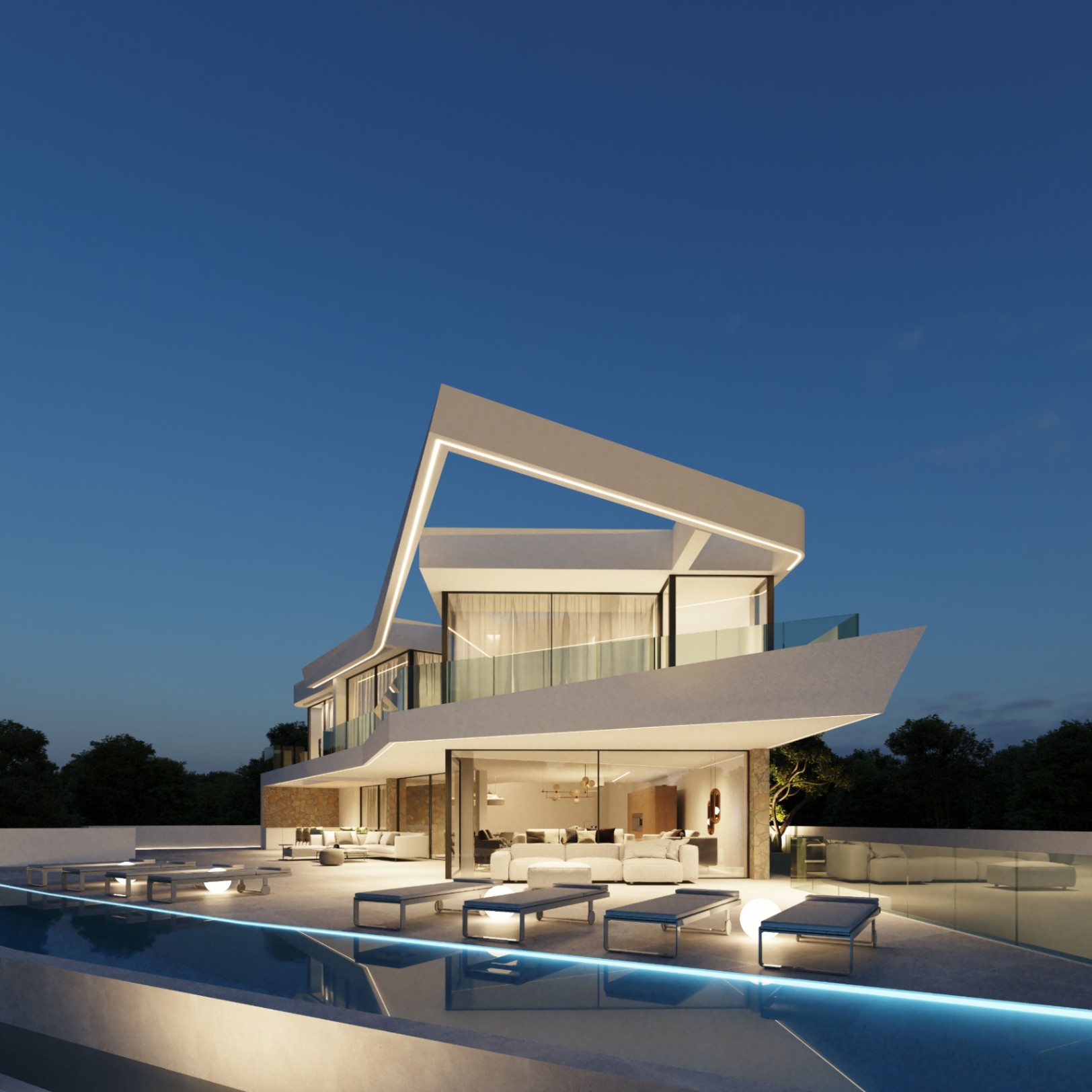 Night view of the geometric facade with integrated LED lighting, featuring the infinity pool and designer terrace furniture outside the glass-walled living area.