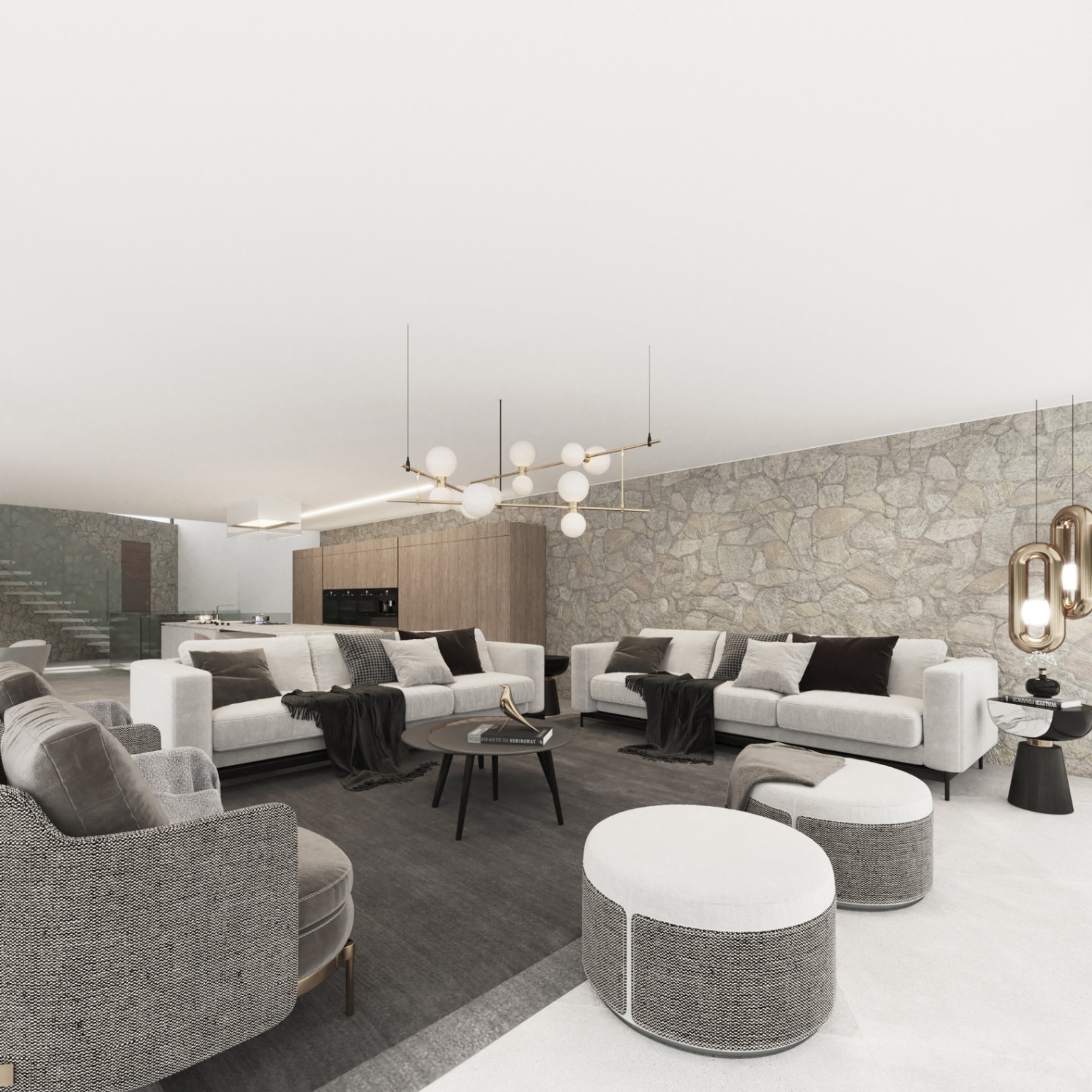 Open-concept living room featuring a natural stone accent wall, designer seating, and a seamless transition to a minimalist wooden kitchen.