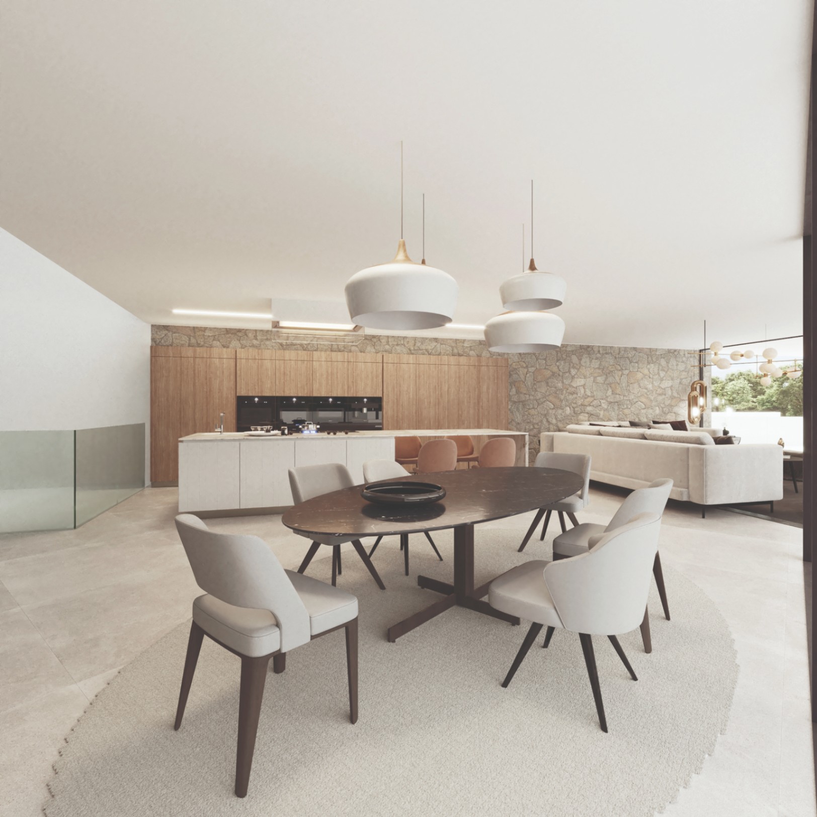 Open-plan dining and kitchen area featuring an oval marble table, natural wood cabinetry, and a textured stone feature wall under designer pendant lighting.
