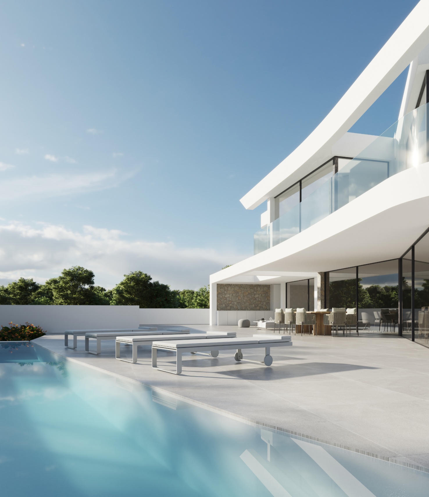 Outdoor terrace featuring an infinity pool, large-format porcelain tiling, and minimalist sun loungers set against a modern white architectural facade with glass railings.