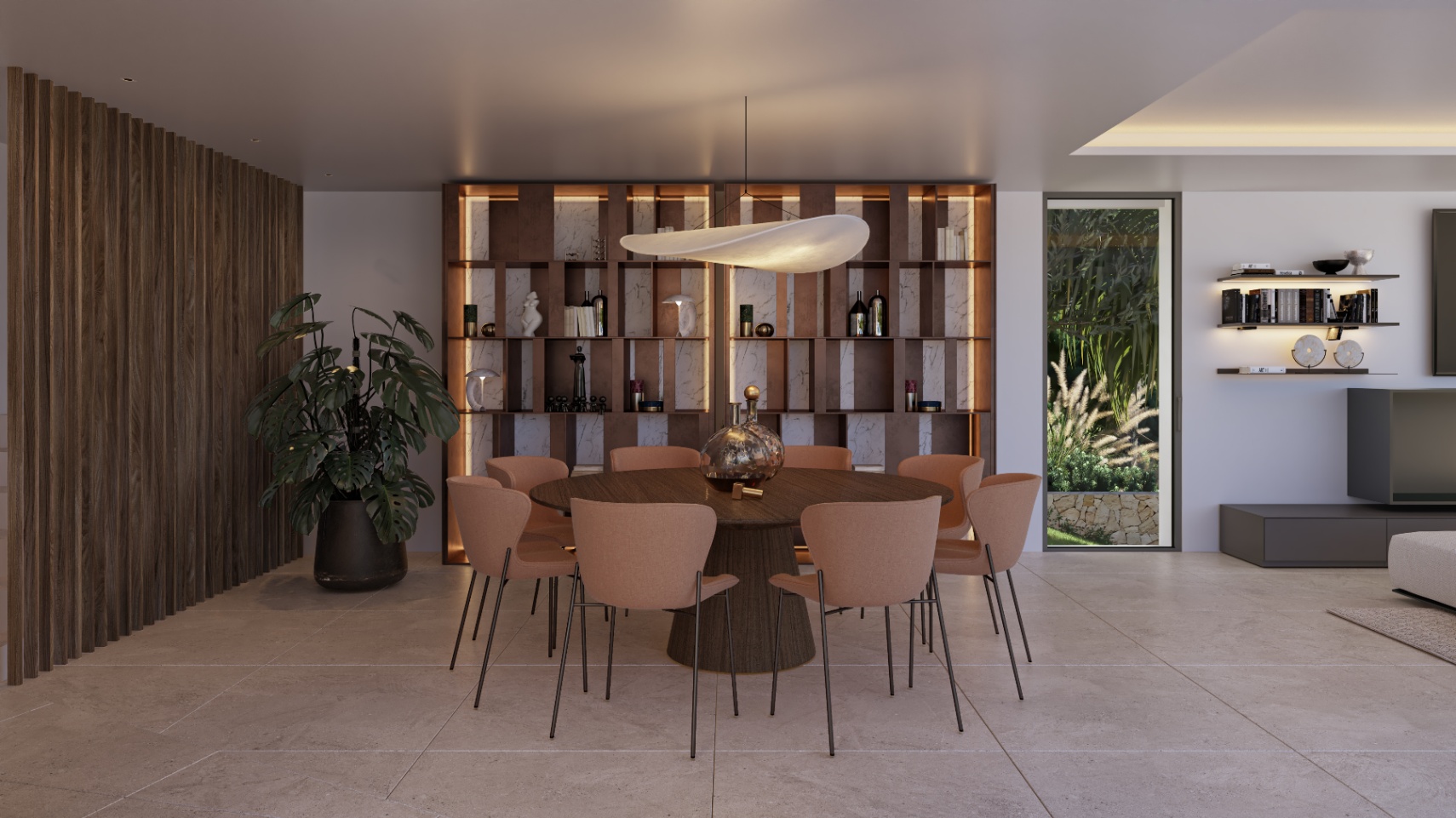 Contemporary dining space featuring a round dark wood table, terracotta chairs, and a bespoke backlit shelving unit with marble backing and organic lighting.