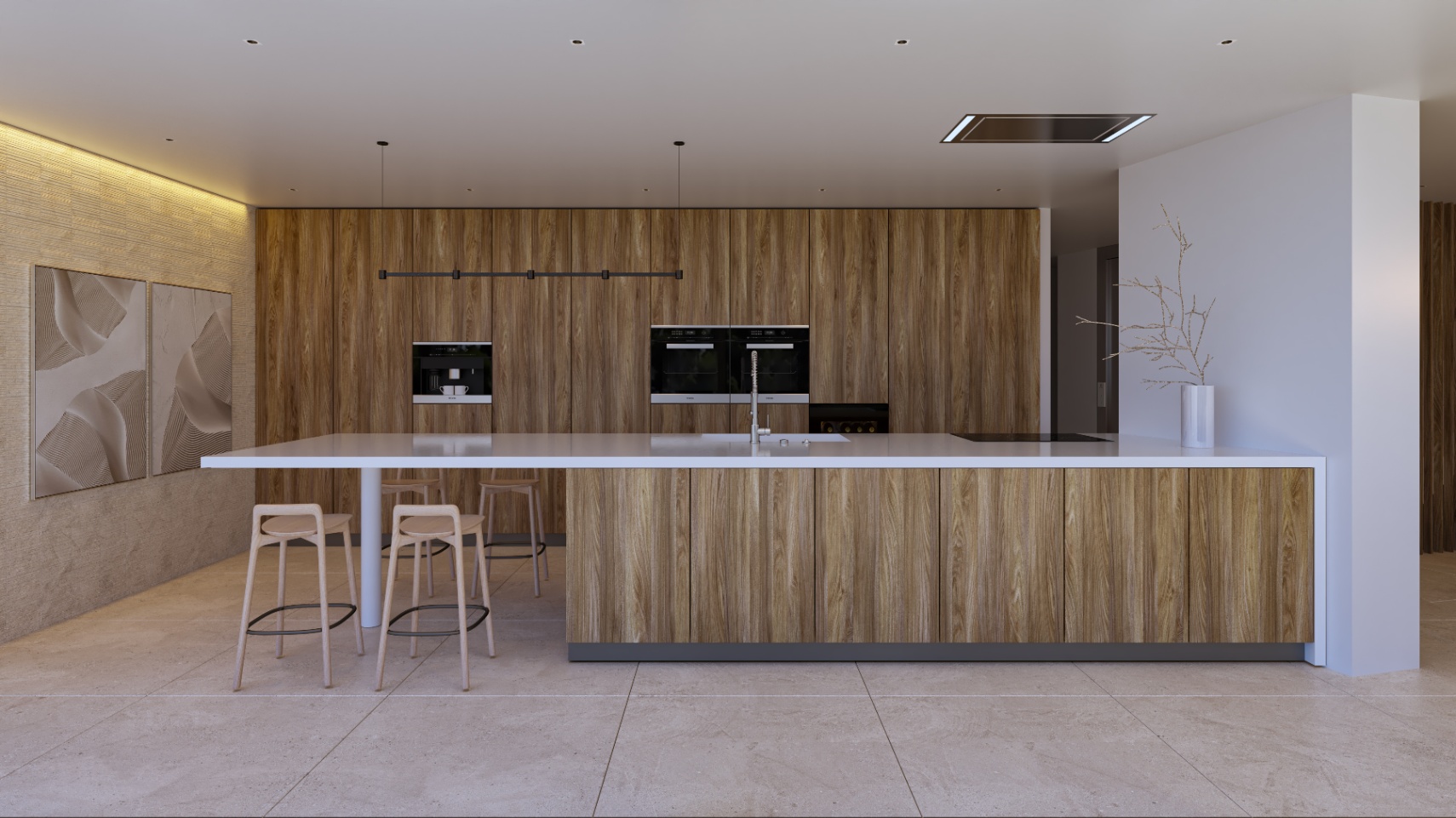 Designer kitchen featuring a white stone island and integrated wood cabinetry. Equipped with high-end appliances, recessed lighting, and large-format porcelain flooring.