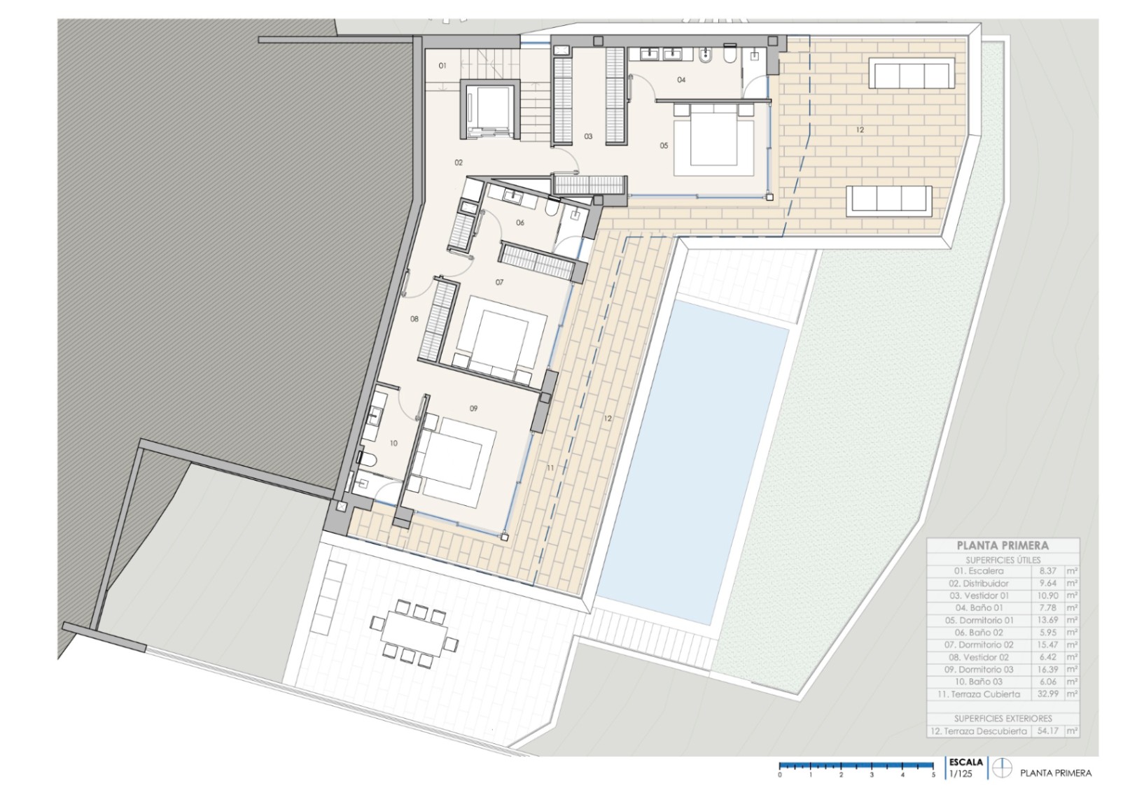 Detailed first-floor architectural plan featuring three en-suite bedrooms with walk-in closets and direct access to the expansive terrace and pool.