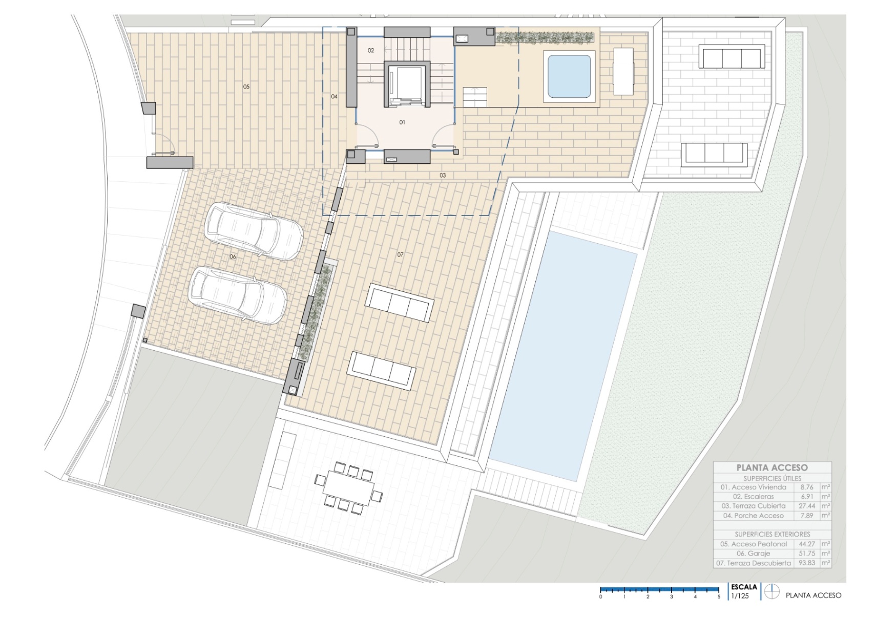 Detailed floor plan of the access level featuring a double garage, main entrance with elevator, and a large terrace overlooking the pool area.