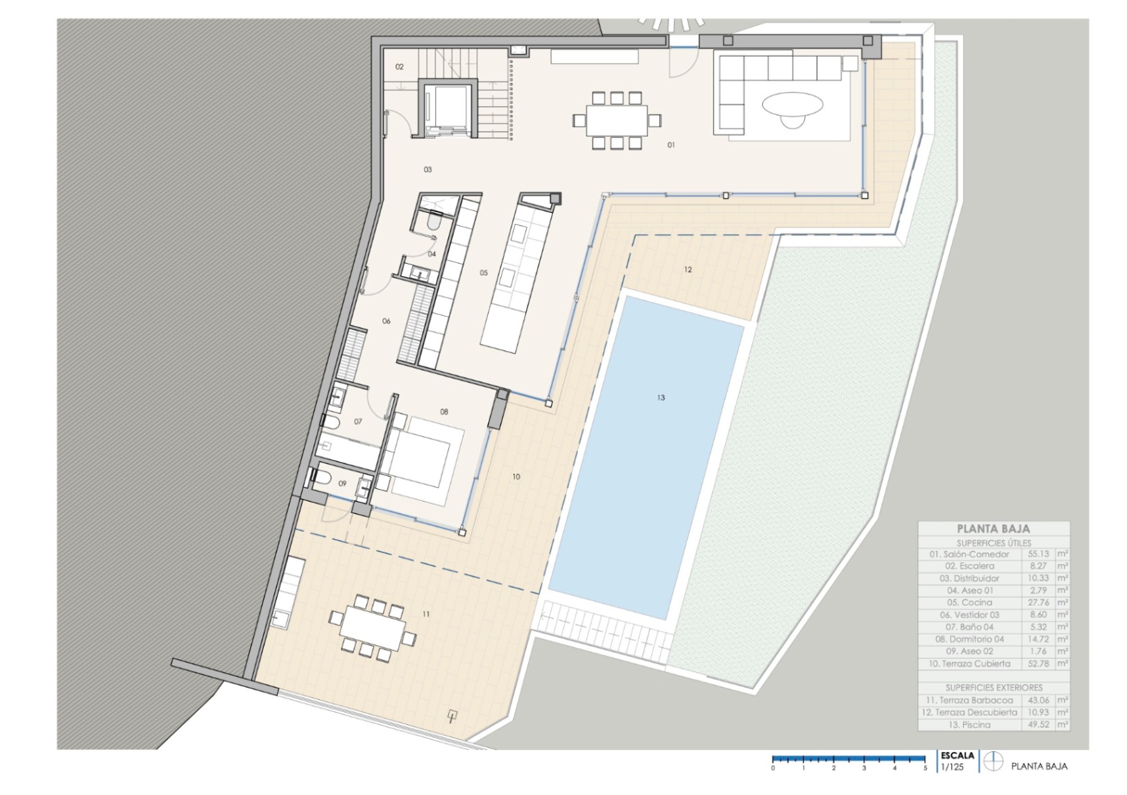 Detailed ground floor plan showing the 55 sqm living area, kitchen with island, one bedroom, and the outdoor zone featuring a 49 sqm pool and barbecue terrace.
