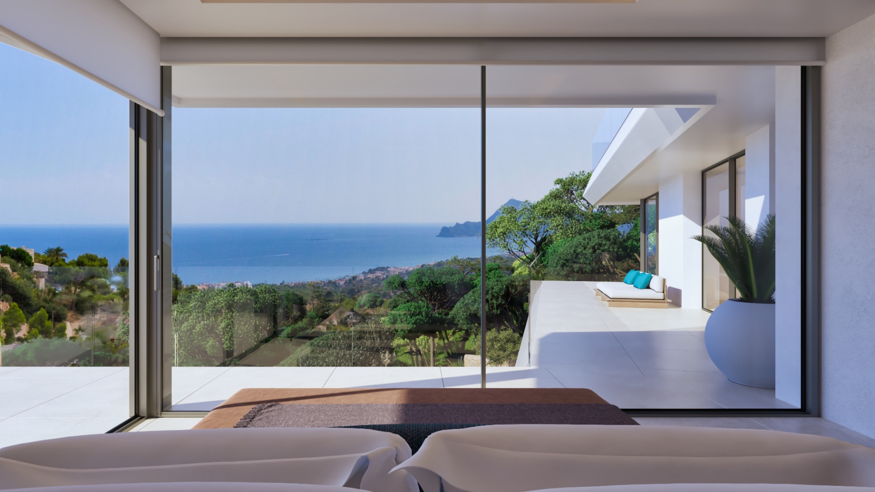 Master bedroom featuring floor-to-ceiling glass doors that open onto a private terrace with panoramic Mediterranean Sea views and minimalist outdoor seating.
