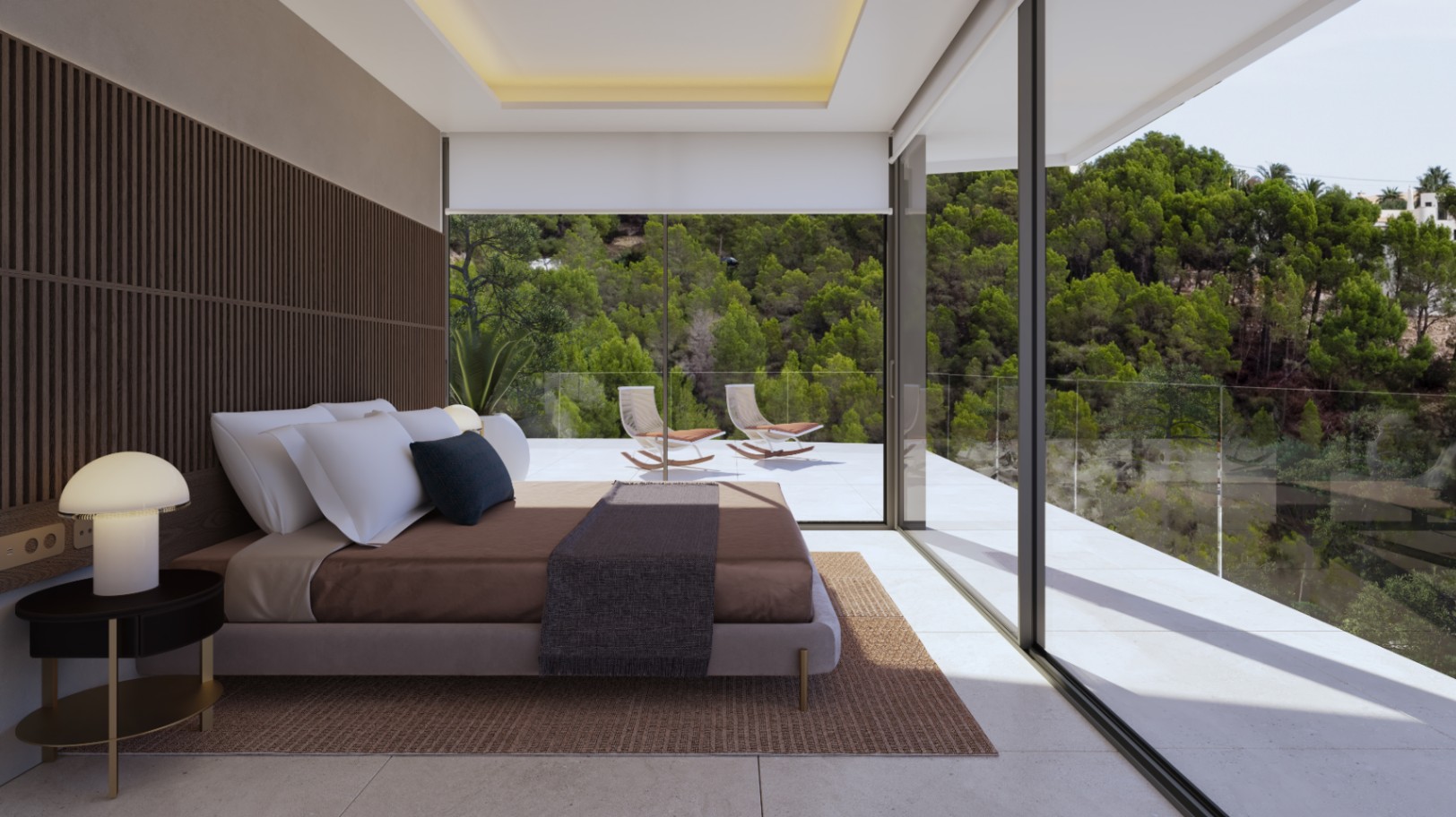 Modern bedroom featuring a wood-slat accent wall, recessed ceiling lighting, and floor-to-ceiling glass doors opening onto a terrace with forest views.