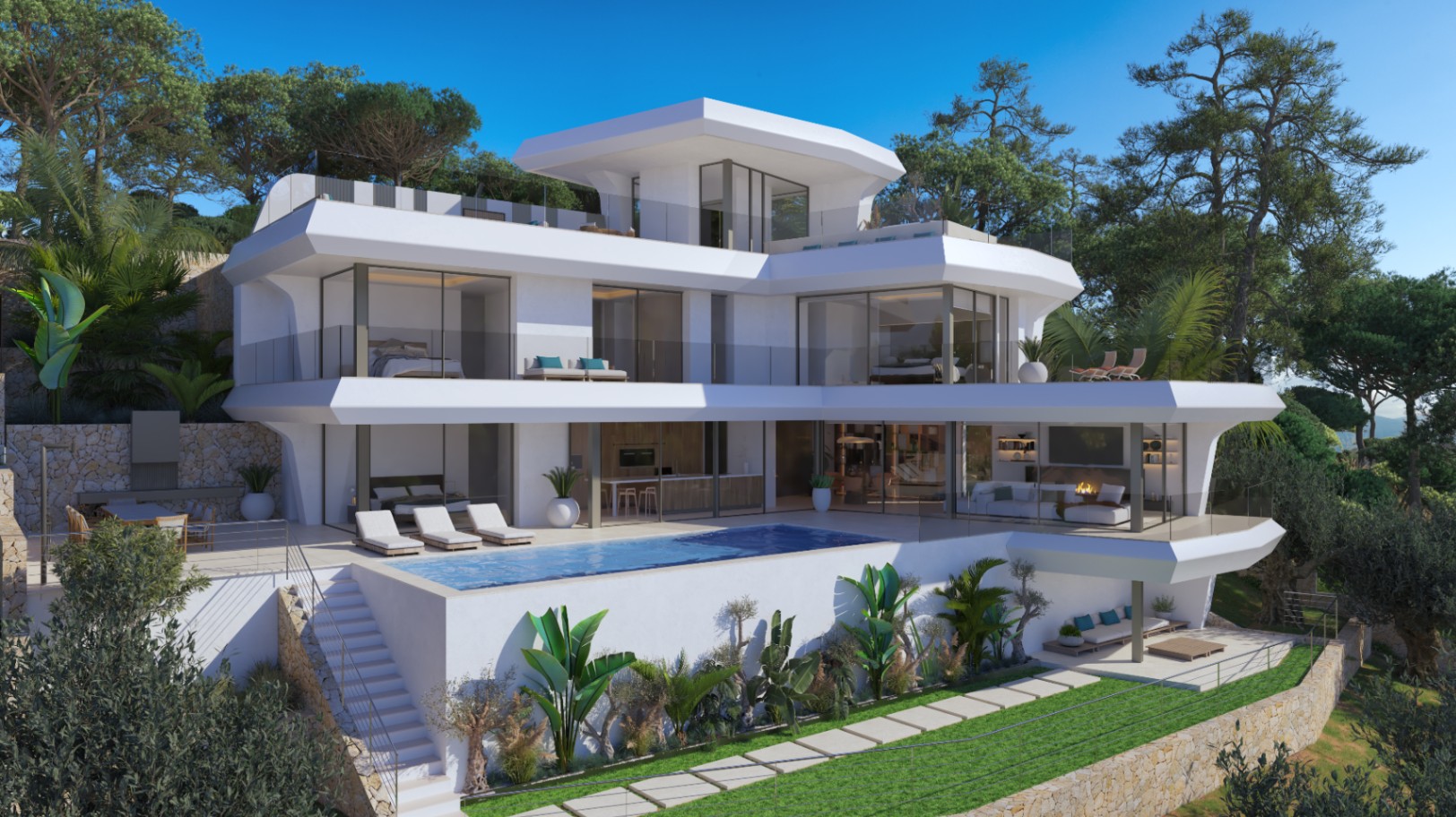 Modern four-level facade featuring geometric white lines, expansive floor-to-ceiling windows, an infinity pool, and glass-railed terraces set against a lush hillside.