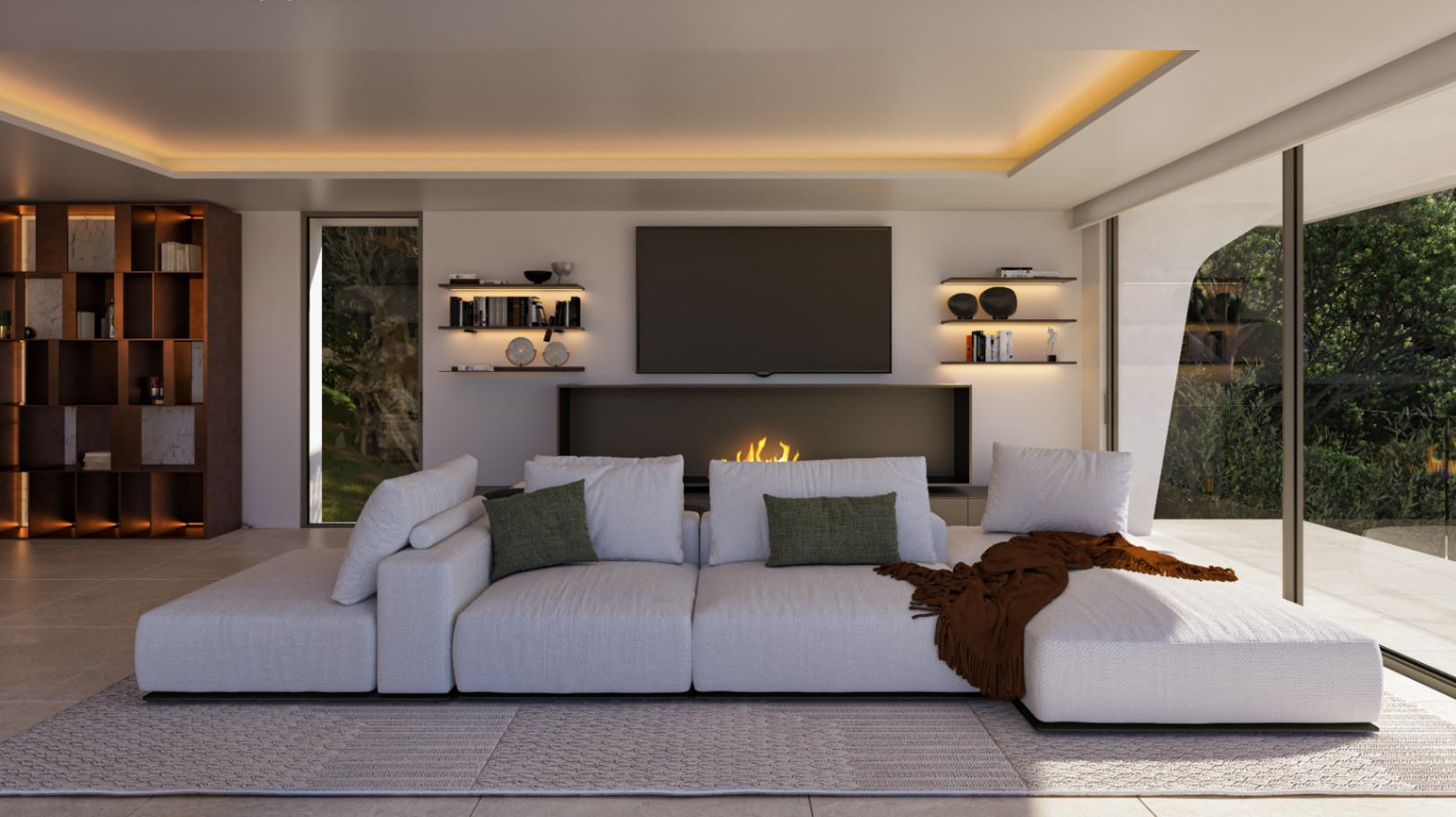 Modern living area featuring a white modular sofa, integrated linear fireplace, and backlit shelving. Floor-to-ceiling glass doors provide seamless access to the terrace.