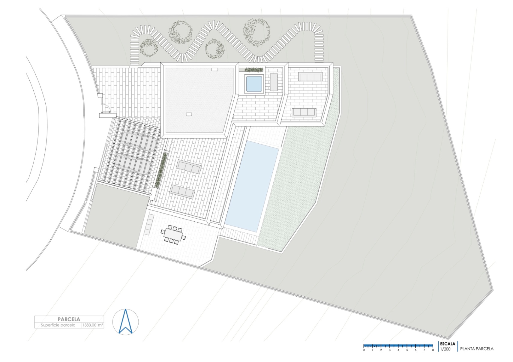 Site plan of the 1,383 m² plot illustrating the architectural layout, infinity pool, outdoor terraces, and landscaped garden paths in Altea Hills.