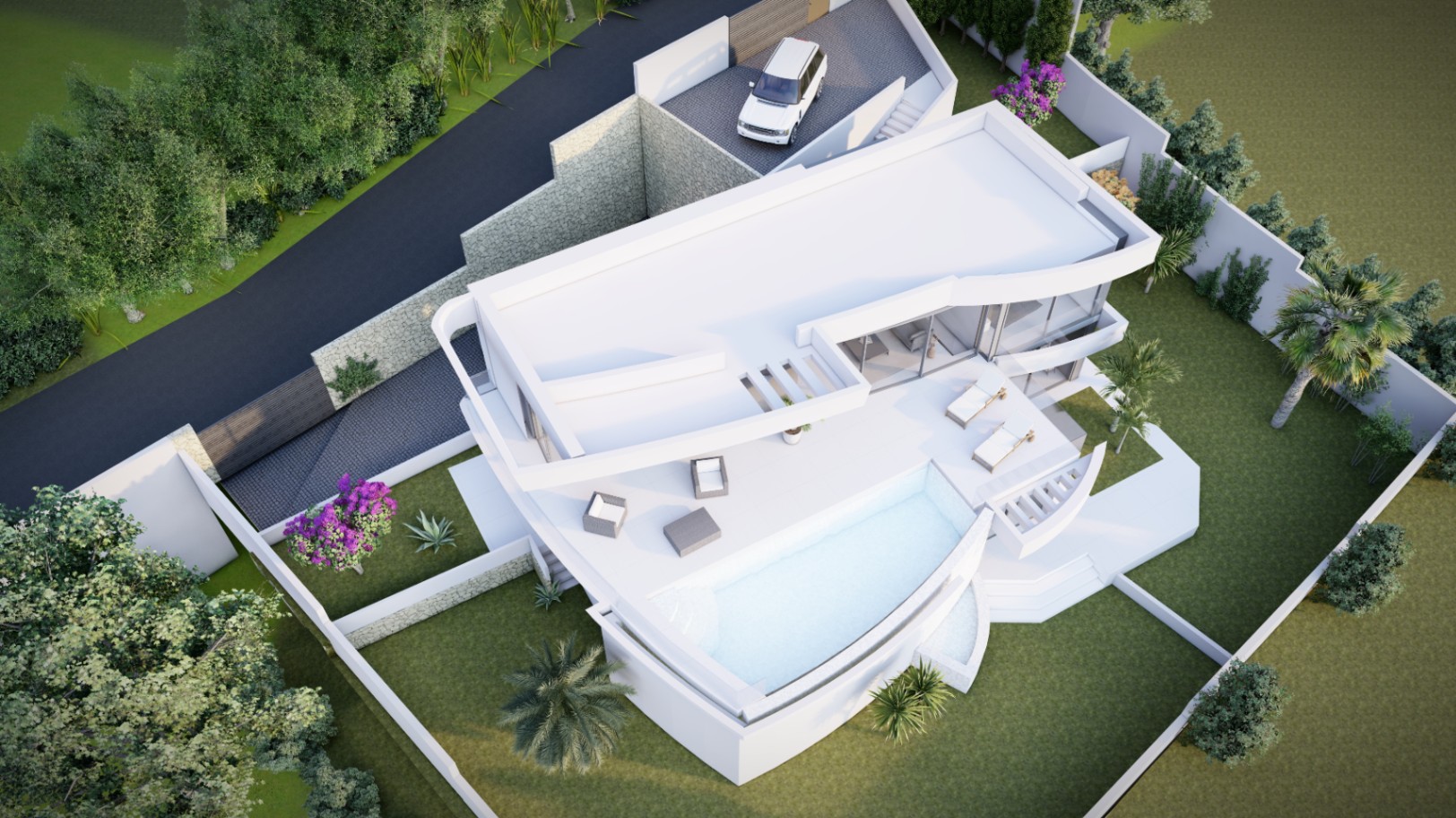 Aerial perspective of the modern villa showcasing its white geometric design, curved infinity pool, sun terraces, and fully walled plot with landscaped gardens and driveway.