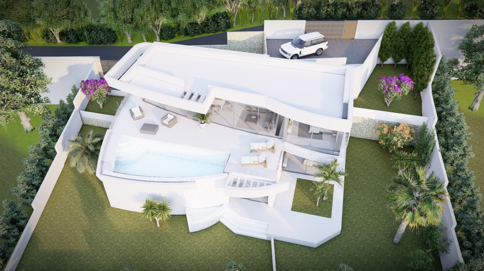 Aerial view of the modern villa featuring an infinity pool, expansive terraces, and landscaped gardens. The plot includes private parking and natural stone perimeter walls.
