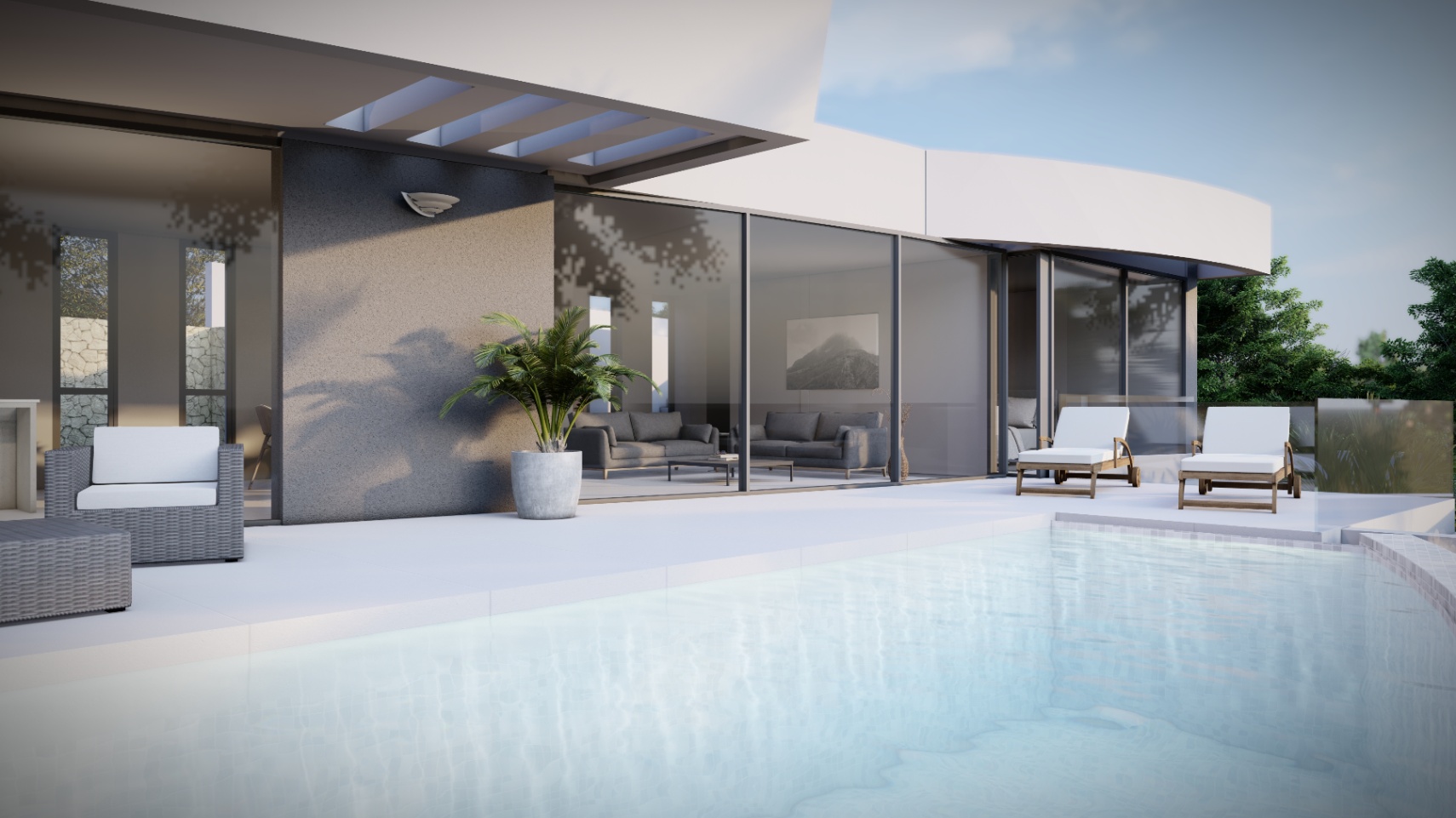 Exterior terrace featuring an infinity pool and minimalist lounge furniture, seamlessly connected to the living area via floor-to-ceiling glass doors.