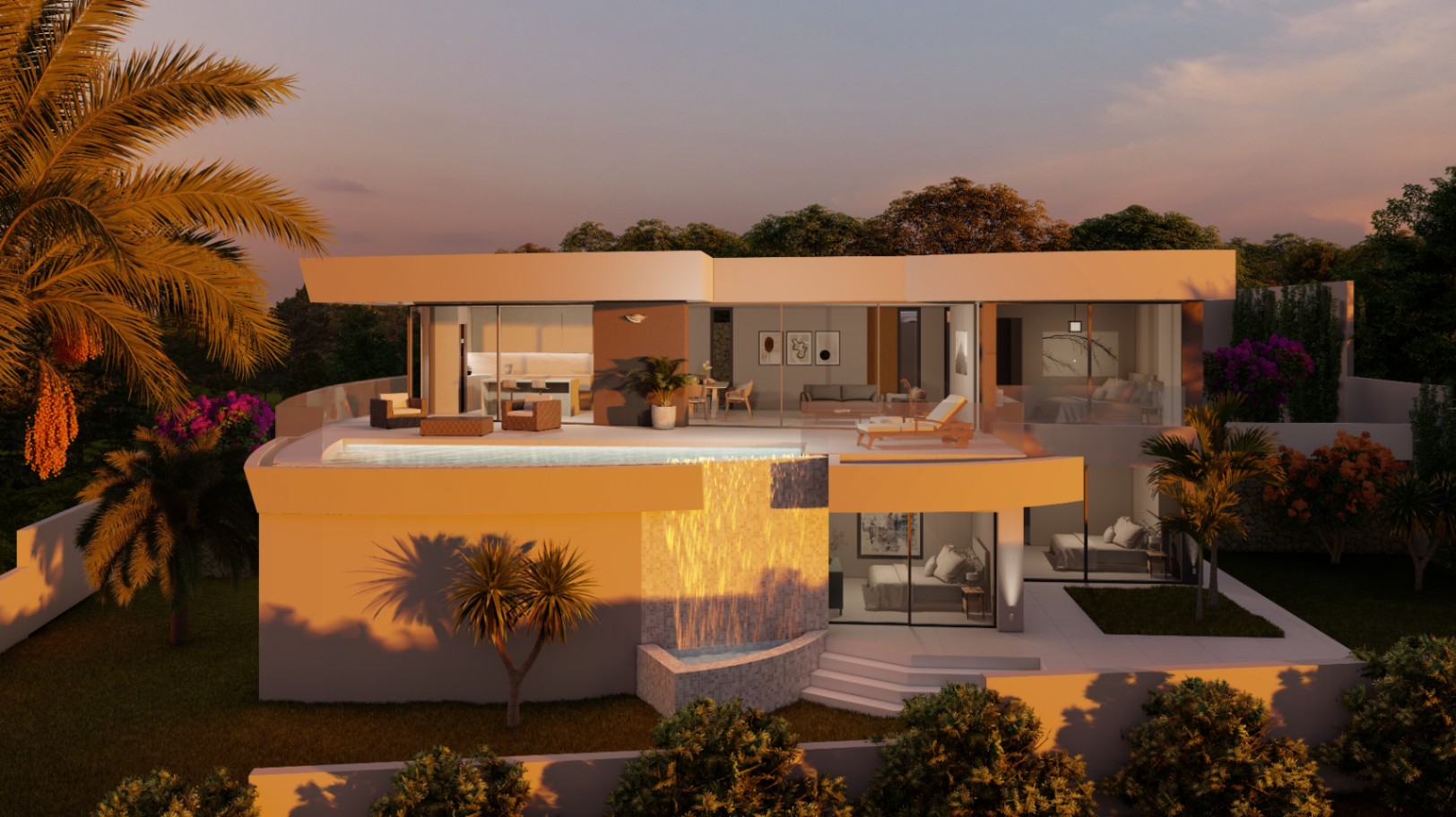 Exterior view of the modern villa at dusk, featuring an infinity pool with a waterfall, floor-to-ceiling glass walls, and landscaped gardens with palm trees.