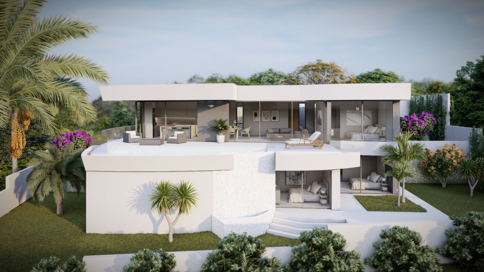 Exterior view of the modern white villa featuring an upper-level infinity pool, glass railings, and floor-to-ceiling windows overlooking the landscaped Mediterranean garden.