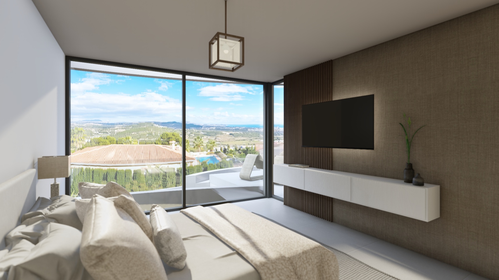 Modern bedroom featuring floor-to-ceiling glass walls with valley views, a textured accent wall with wooden slats, and a minimalist floating console.