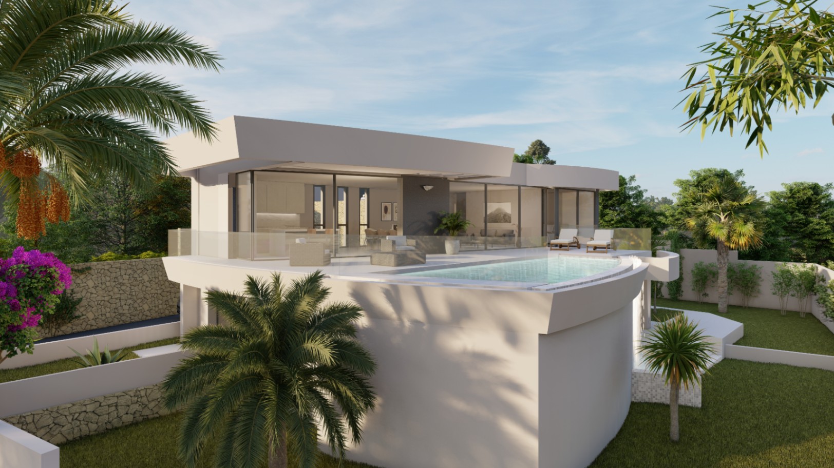 Modern villa exterior featuring a curved infinity pool, glass-railed terrace with lounge furniture, and landscaped gardens with mature palms and stone walls.