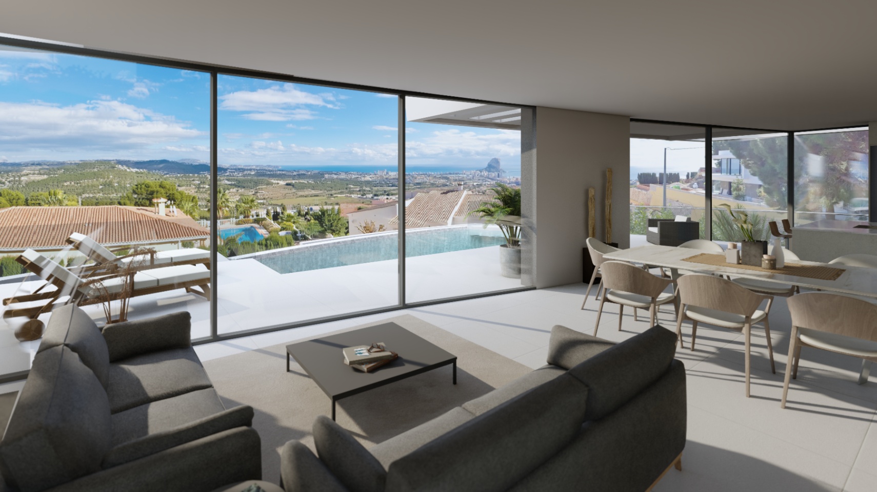Open-plan living and dining area featuring floor-to-ceiling glass doors that reveal panoramic views of the Mediterranean Sea, Peñón de Ifach, and infinity pool.