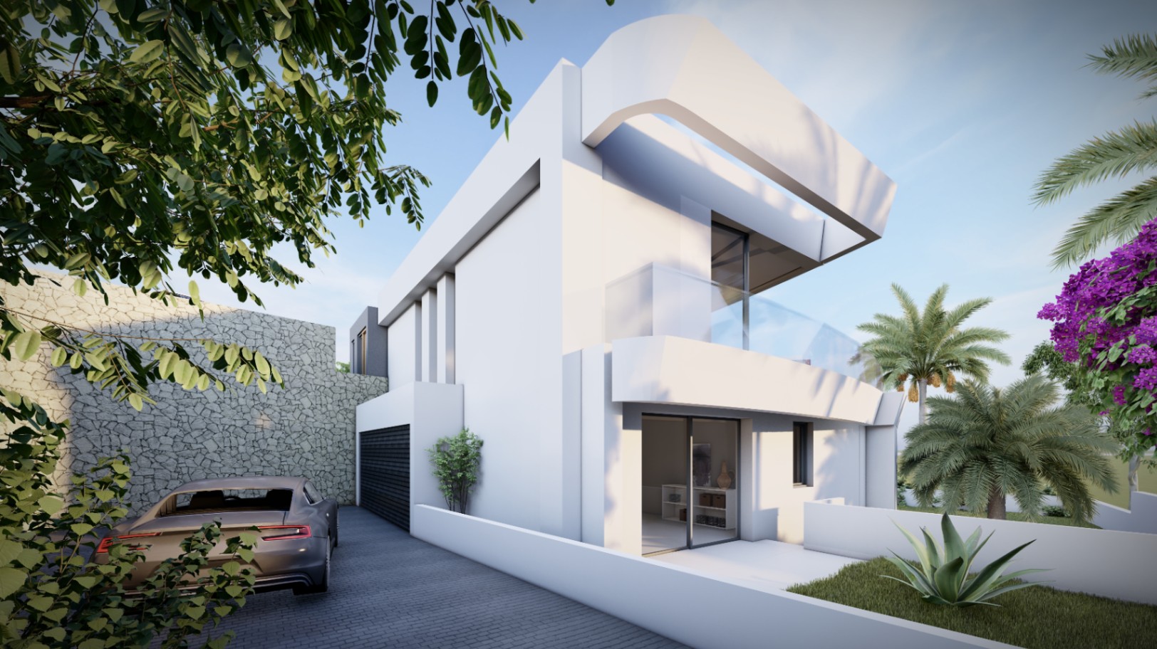 Side exterior of the villa featuring white geometric architecture, a private garage, natural stone walls, and Mediterranean landscaping with palm trees.