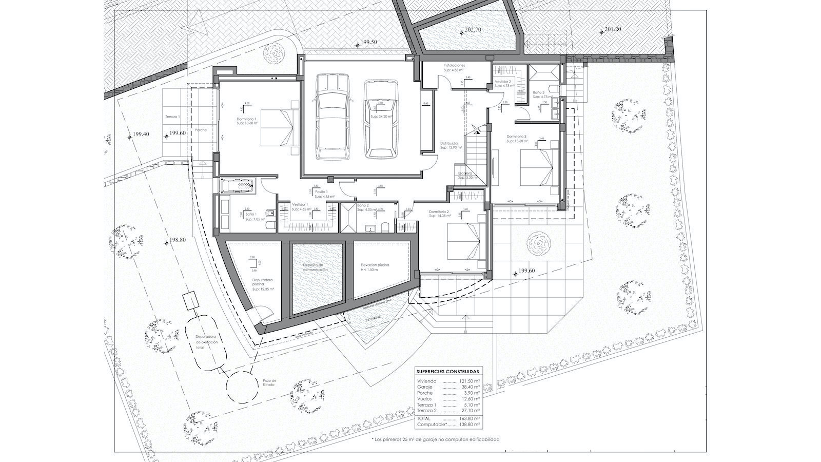 Technical floor plan of the lower level showing the layout of three bedrooms with en-suite bathrooms, walk-in closets, a double garage, and exterior technical zones.