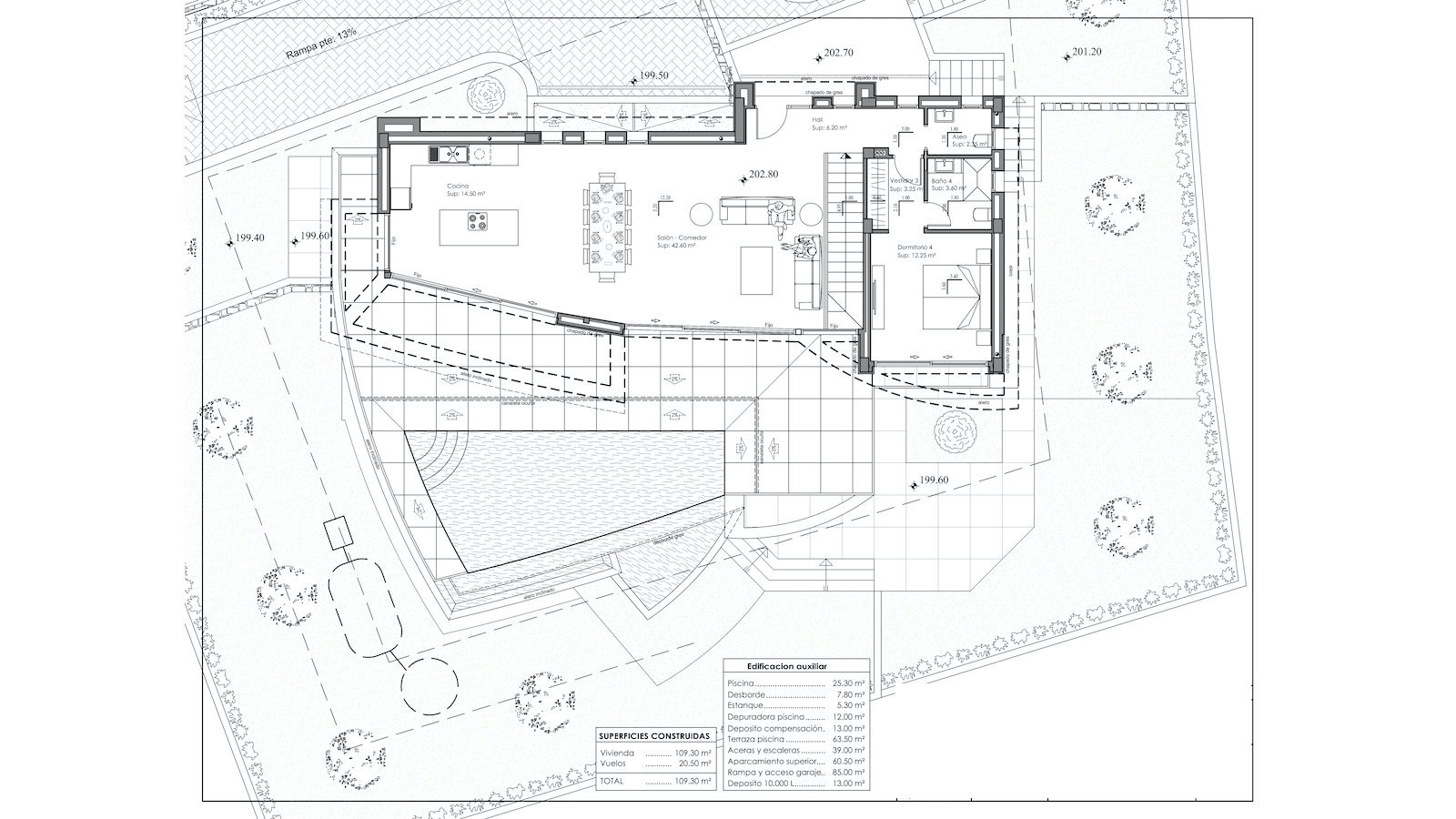 Technical floor plan of the upper level detailing the open-plan living area, kitchen, en-suite bedroom, and the expansive terrace with infinity pool.